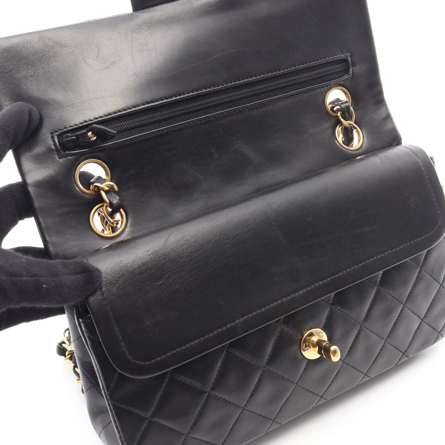 マトラッセ Wフラップ Wチェーンショルダーバッグ ラムスキン ブラック ゴールド金具 シャネル バッグ CHANEL