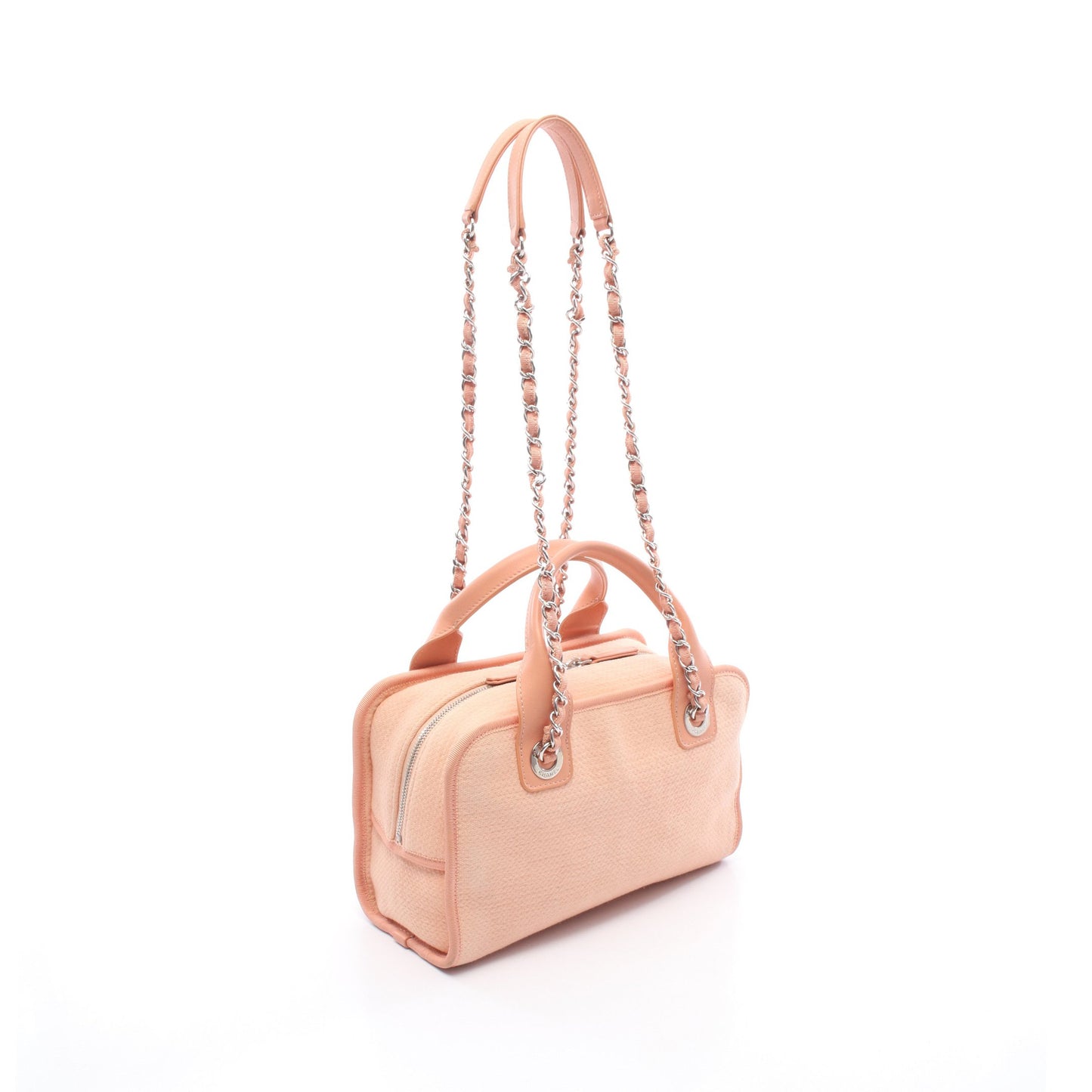 ドーヴィル ボーリングバッグ チェーンショルダーバッグ キャンバス レザー ピンクベージュ シルバー金具 2WAY シャネル バッグ CHANEL