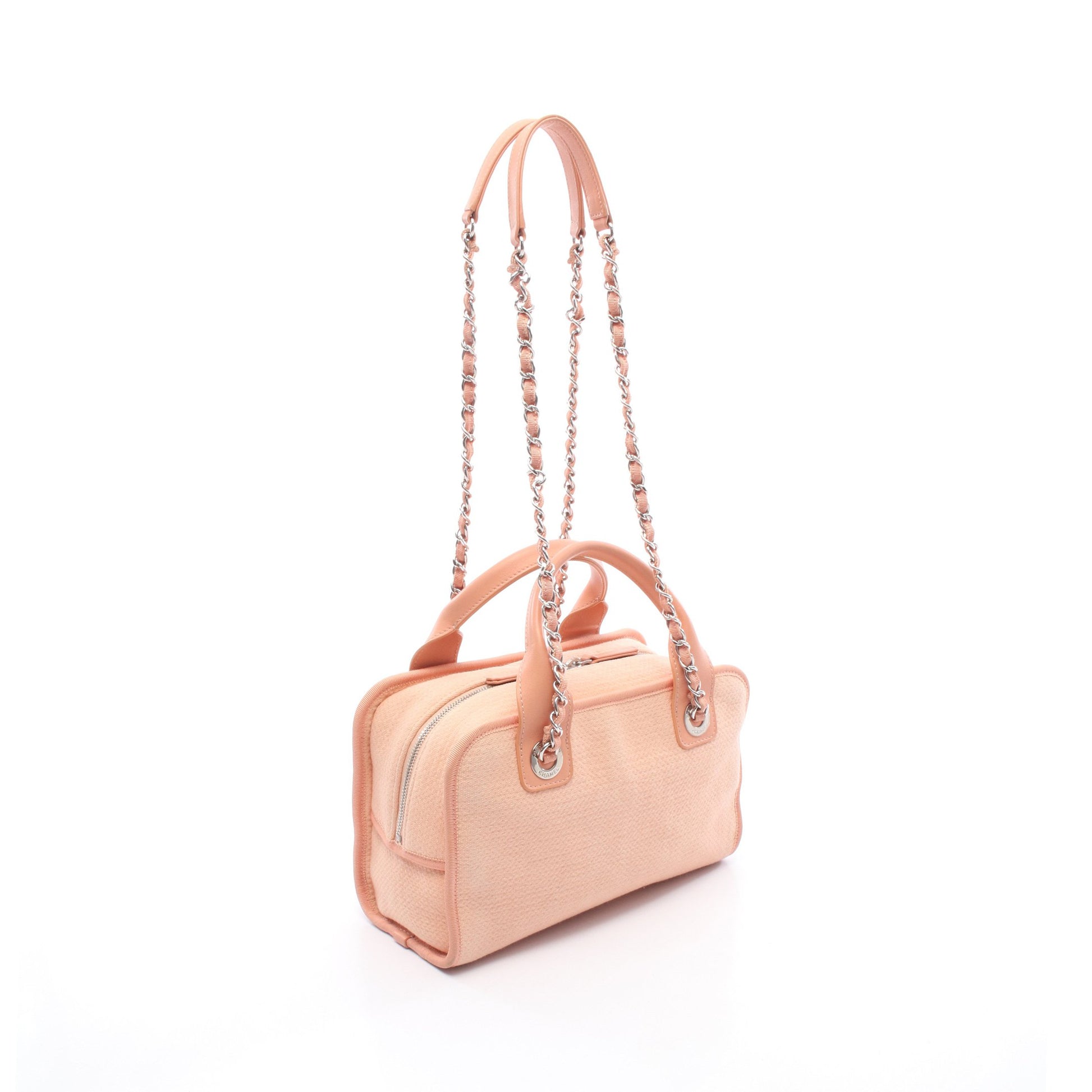 ドーヴィル ボーリングバッグ チェーンショルダーバッグ キャンバス レザー ピンクベージュ シルバー金具 2WAY シャネル バッグ CHANEL