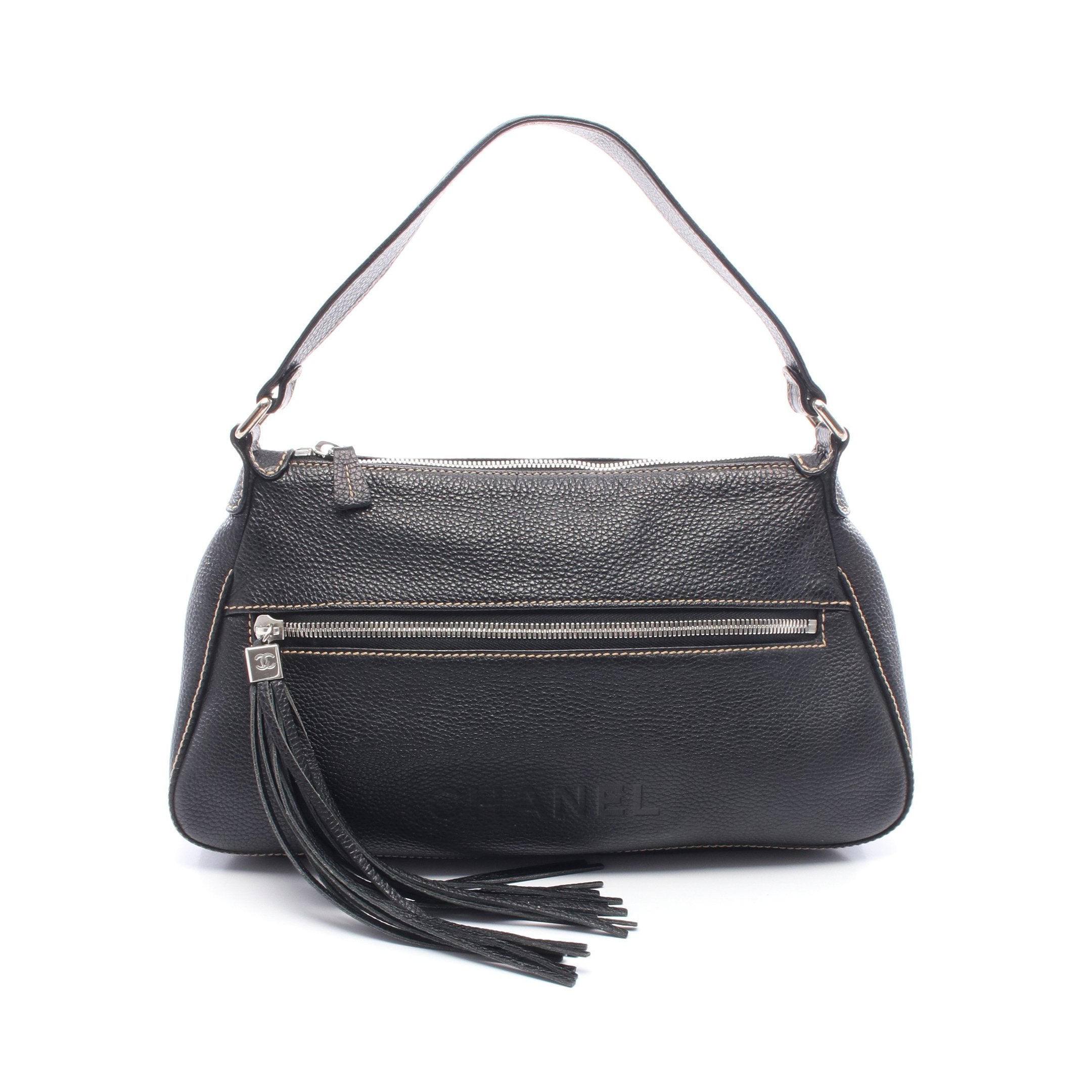 ロゴ ワンショルダーバッグ レザー ブラック シルバー金具 フリンジ