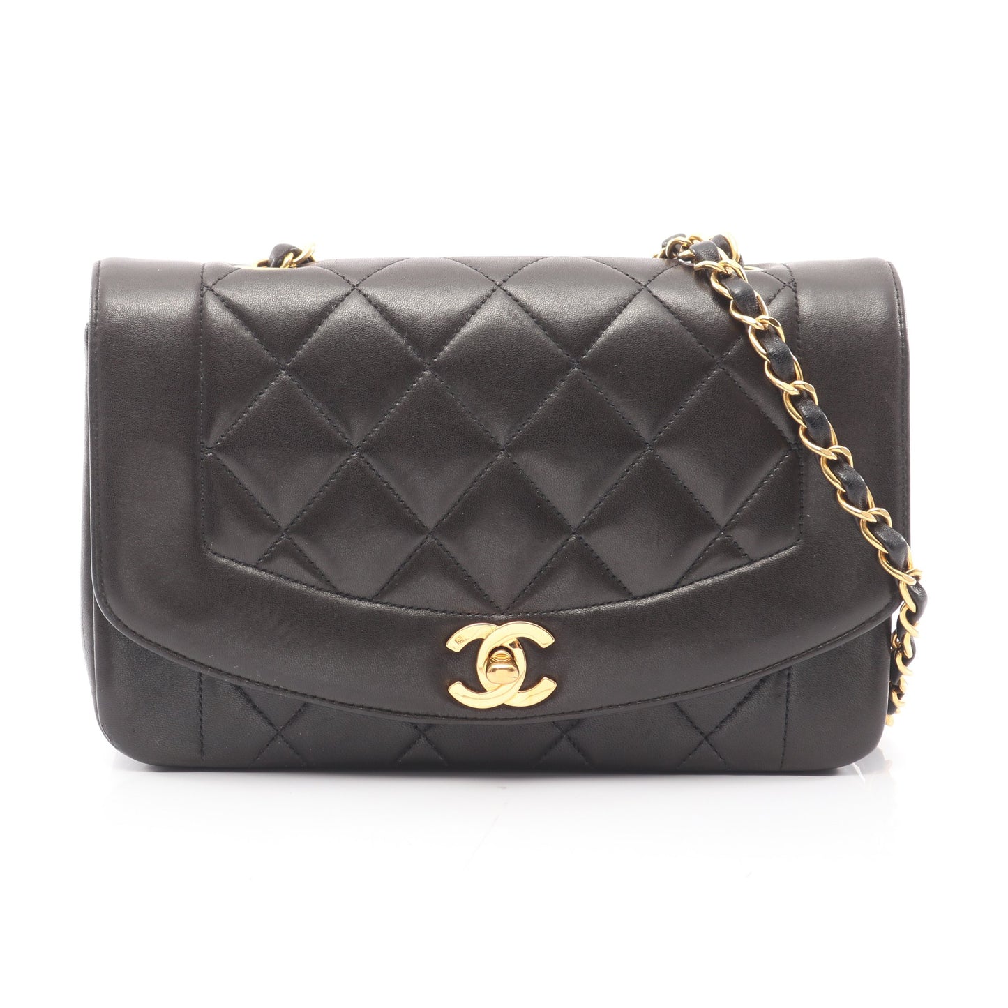 マトラッセ ダイアナフラップ チェーンショルダーバッグ ラムスキン ブラック ゴールド金具 シャネル バッグ CHANEL