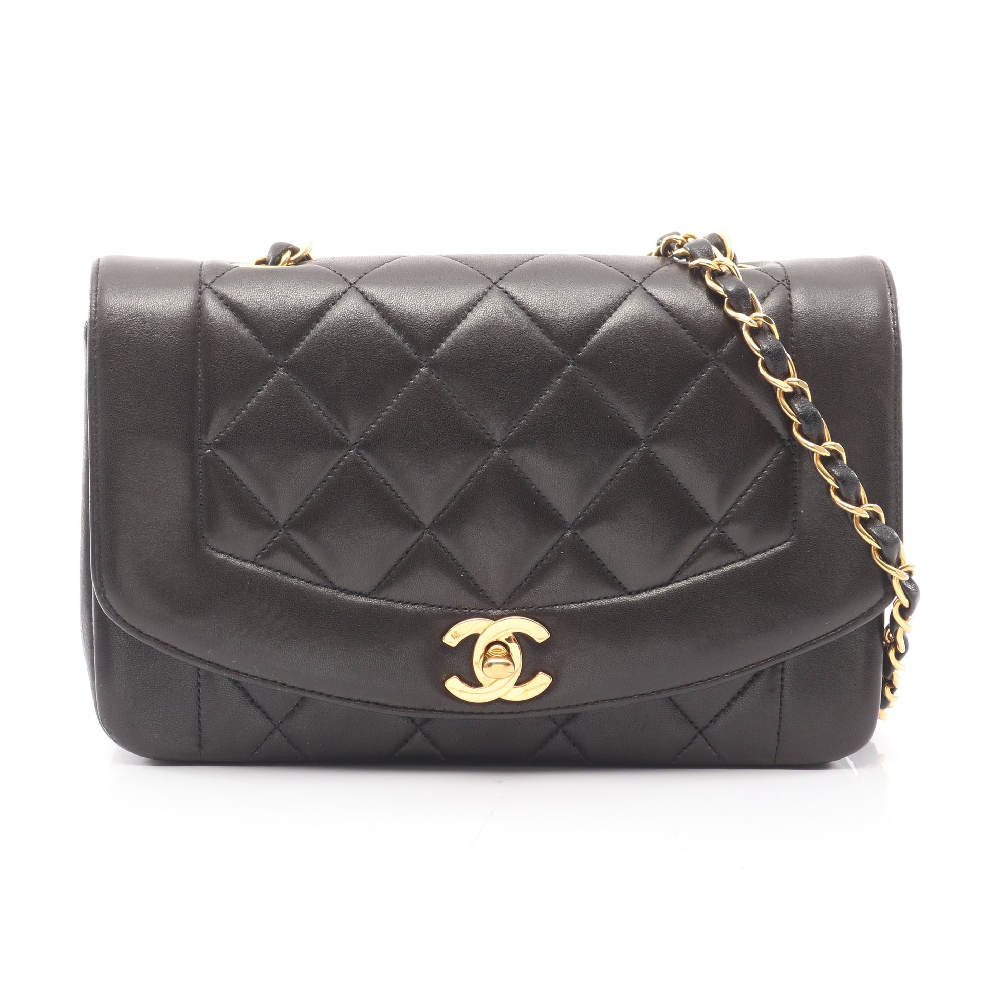 マトラッセ ダイアナフラップ チェーンショルダーバッグ ラムスキン ブラック ゴールド金具 シャネル バッグ CHANEL