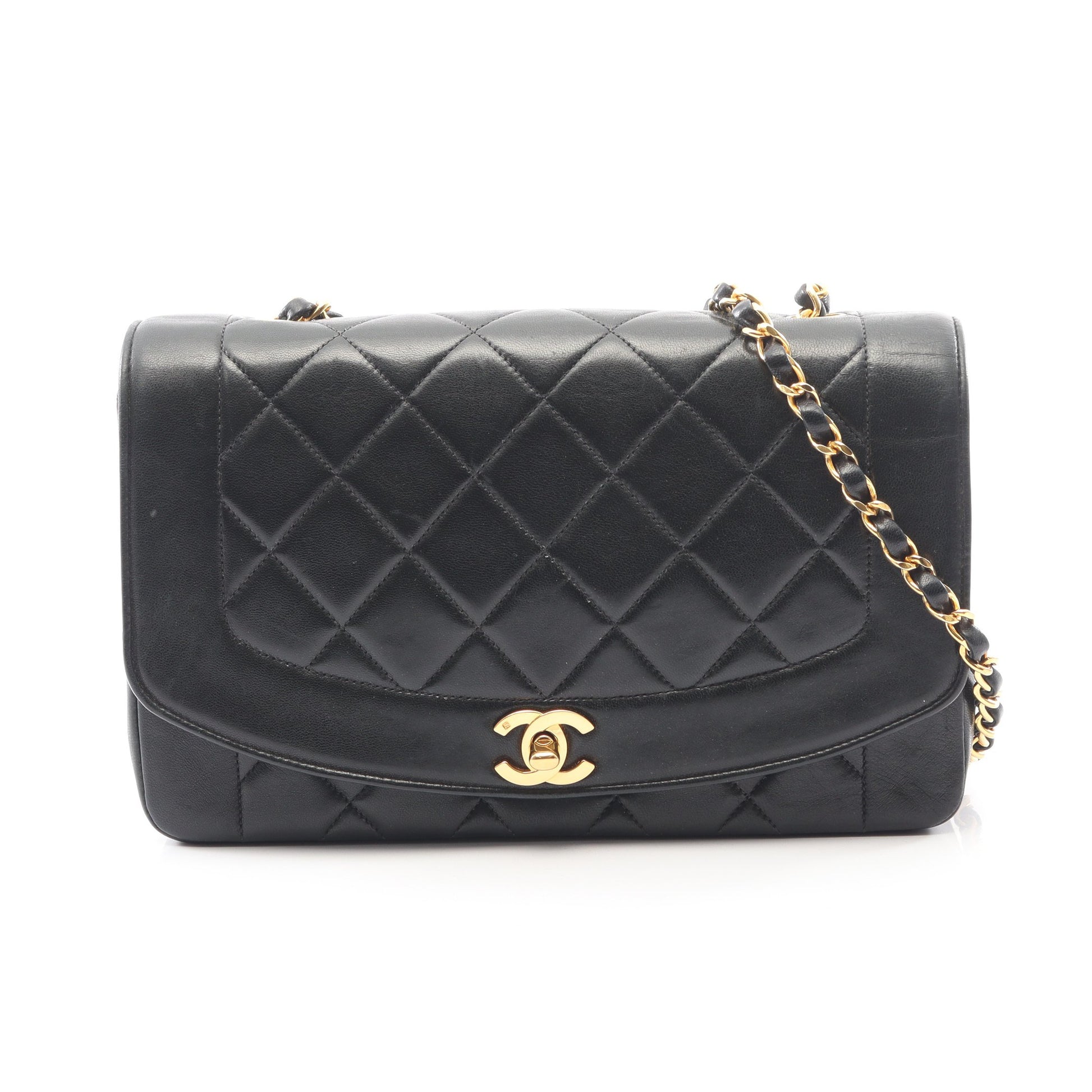 マトラッセ ダイアナフラップ チェーンショルダーバッグ ラムスキン ブラック ゴールド金具 シャネル バッグ CHANEL
