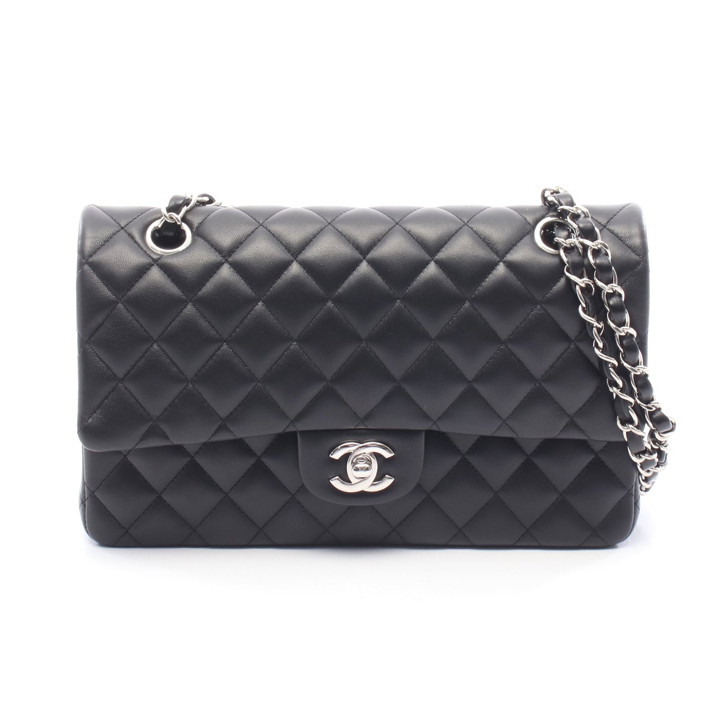 マトラッセ Wフラップ Wチェーンショルダーバッグ ラムスキン ブラック シルバー金具 シャネル バッグ CHANEL
