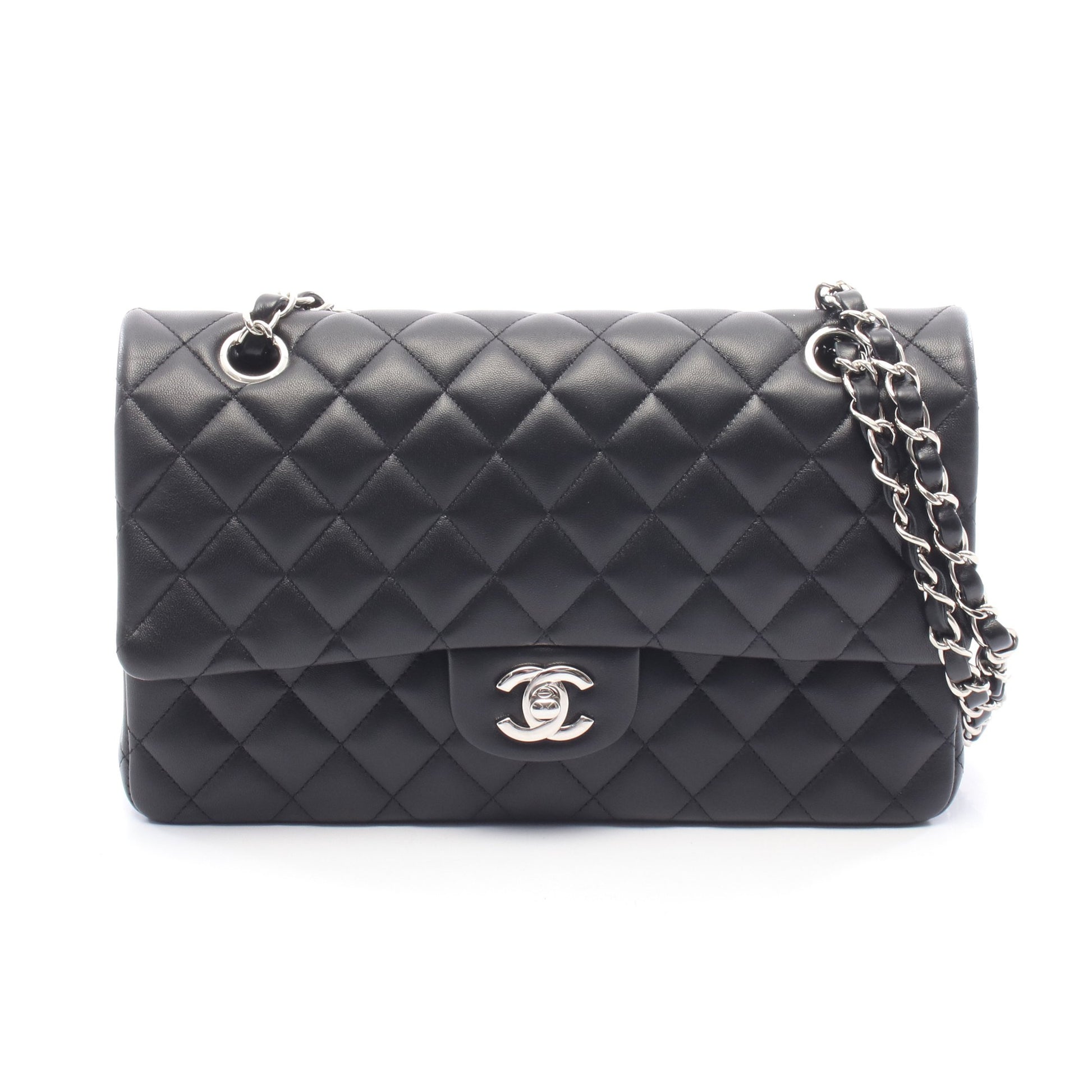 マトラッセ Wフラップ Wチェーンショルダーバッグ ラムスキン ブラック シルバー金具 シャネル バッグ CHANEL