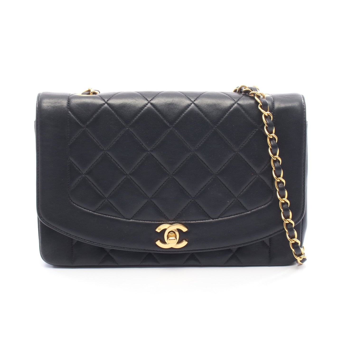 マトラッセ ダイアナフラップ チェーンショルダーバッグ ラムスキン ブラック ゴールド金具 シャネル バッグ CHANEL