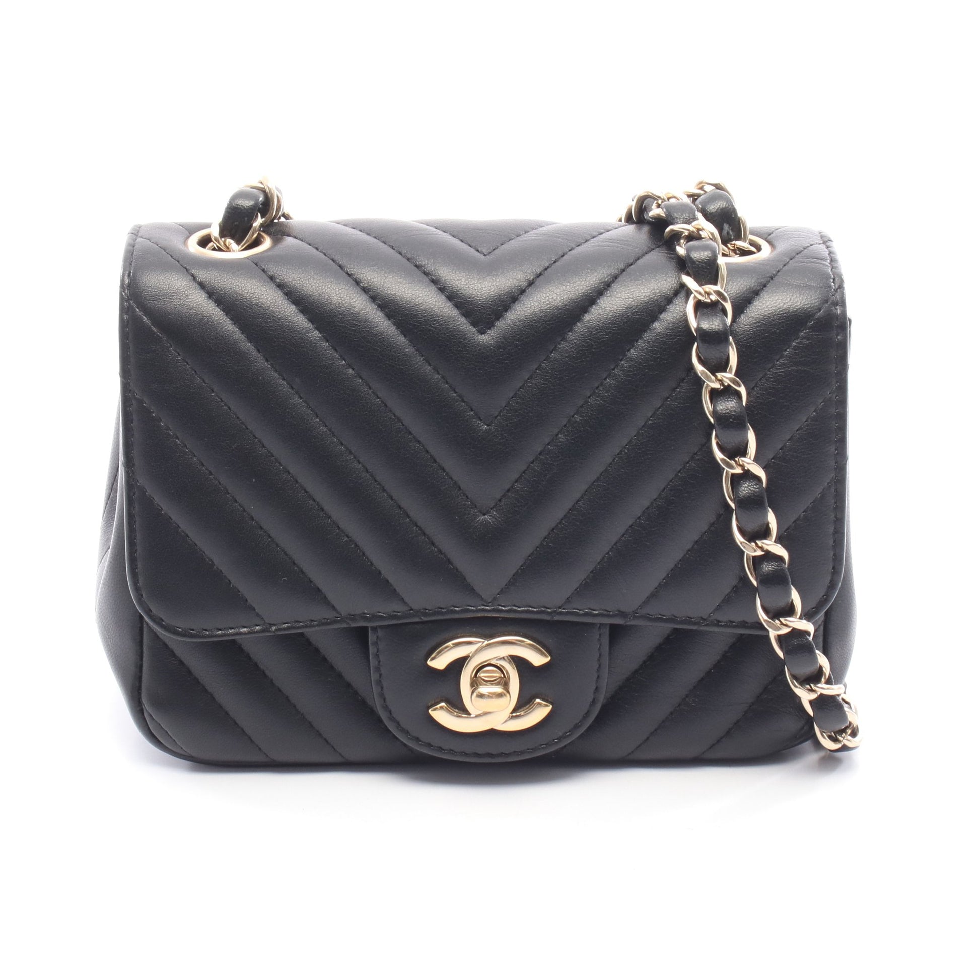 シェブロン Vステッチ ミニ チェーンショルダーバッグ ラムスキン ブラック ゴールド金具 シャネル バッグ CHANEL