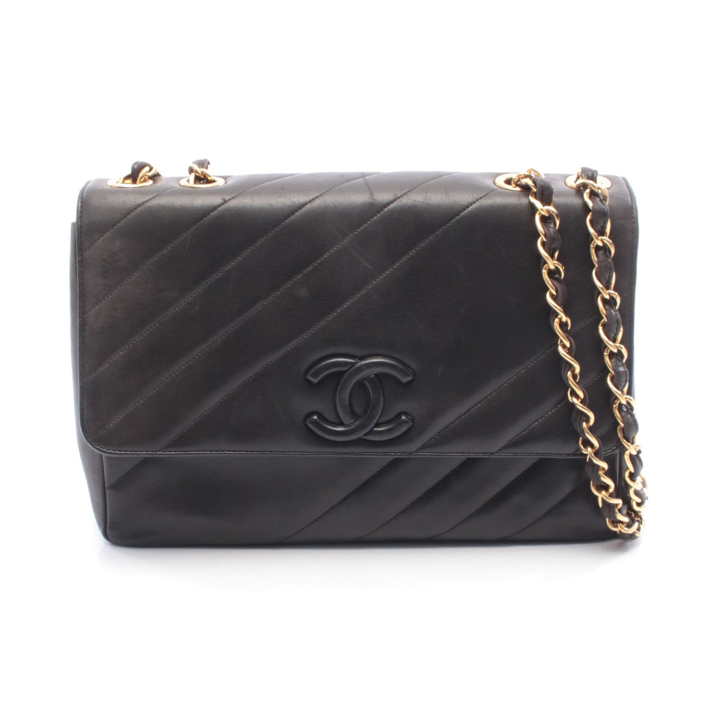 バイアスステッチ ココマーク Wチェーンショルダーバッグ ラムスキン ブラック ゴールド金具 シャネル バッグ CHANEL
