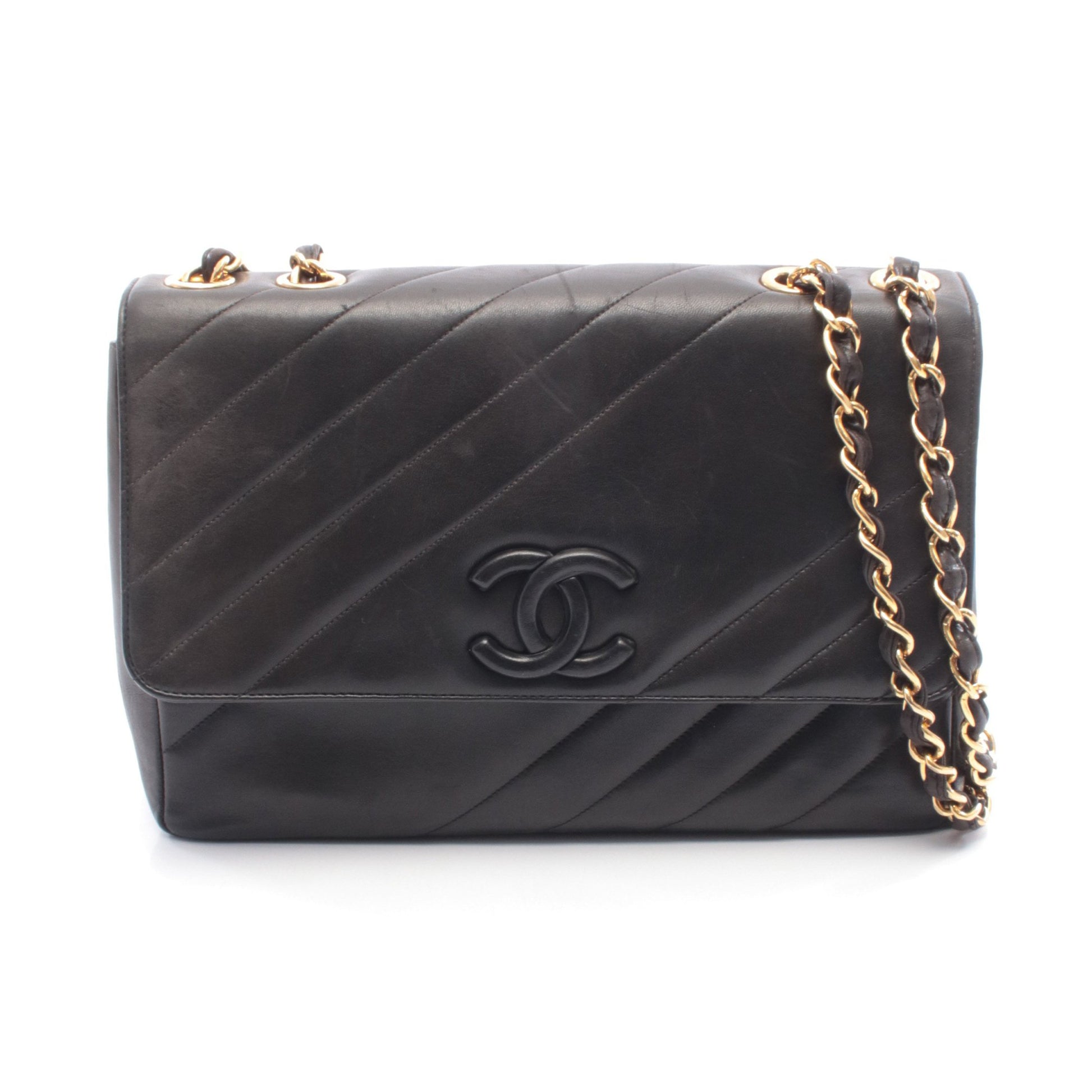 バイアスステッチ ココマーク Wチェーンショルダーバッグ ラムスキン ブラック ゴールド金具 シャネル バッグ CHANEL