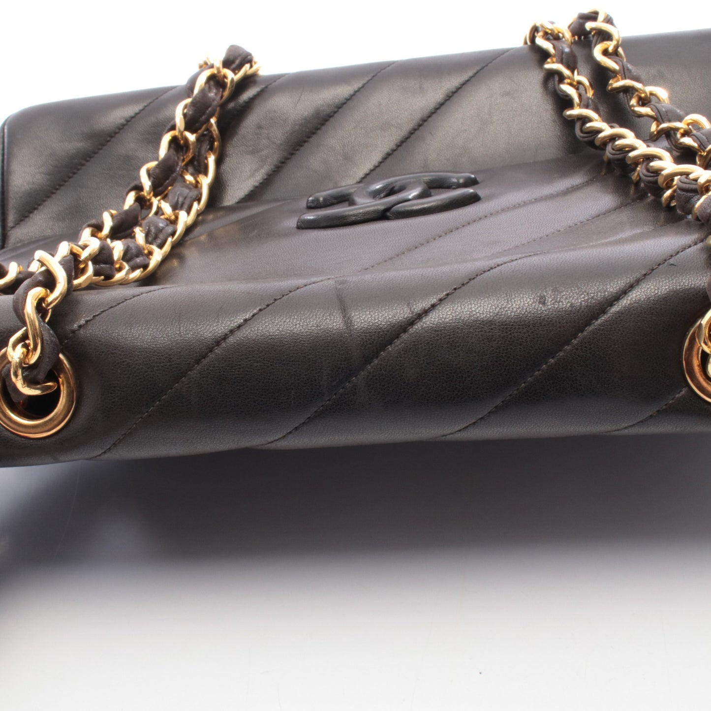 バイアスステッチ ココマーク Wチェーンショルダーバッグ ラムスキン ブラック ゴールド金具 シャネル バッグ CHANEL