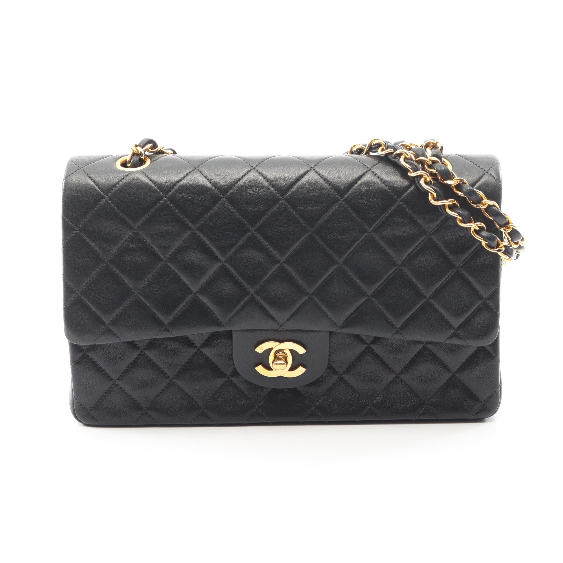 マトラッセ Wフラップ Wチェーンショルダーバッグ ラムスキン ブラック ゴールド金具 シャネル バッグ CHANEL