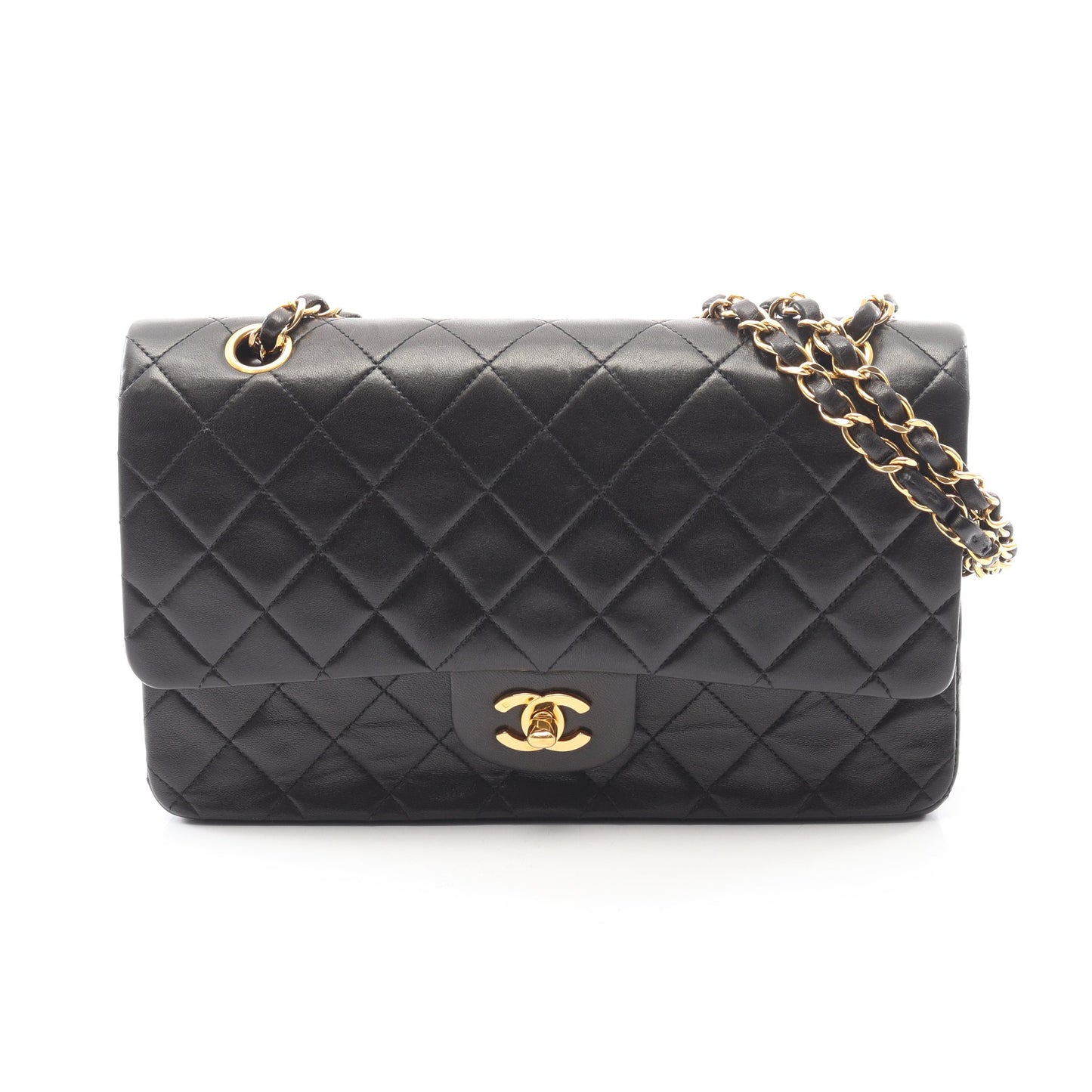 マトラッセ Wフラップ Wチェーンショルダーバッグ ラムスキン ブラック ゴールド金具 ヴィンテージ シャネル バッグ CHANEL