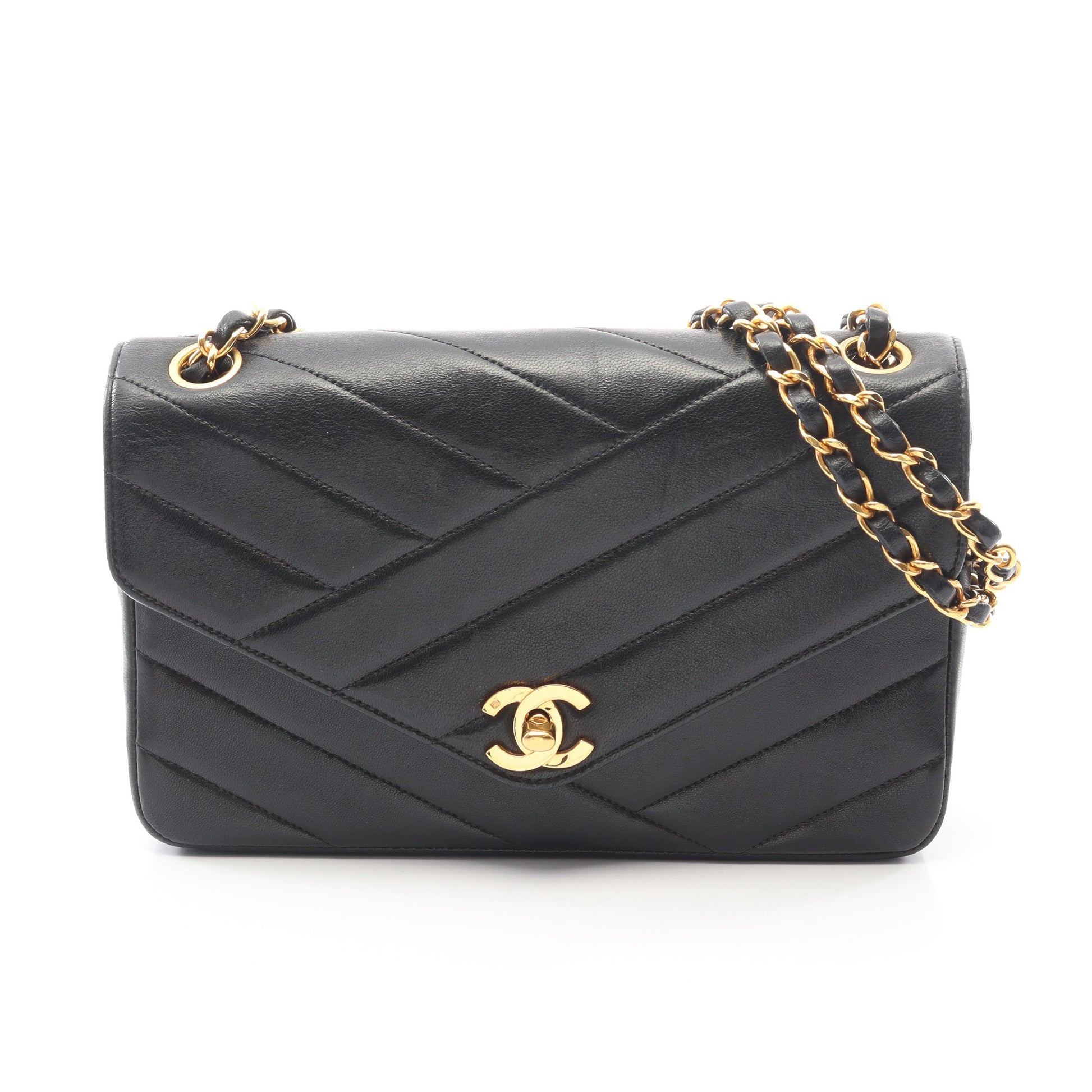 バイアスステッチ Wチェーンショルダーバッグ ラムスキン ブラック ゴールド金具 ヴィンテージ シャネル バッグ CHANEL