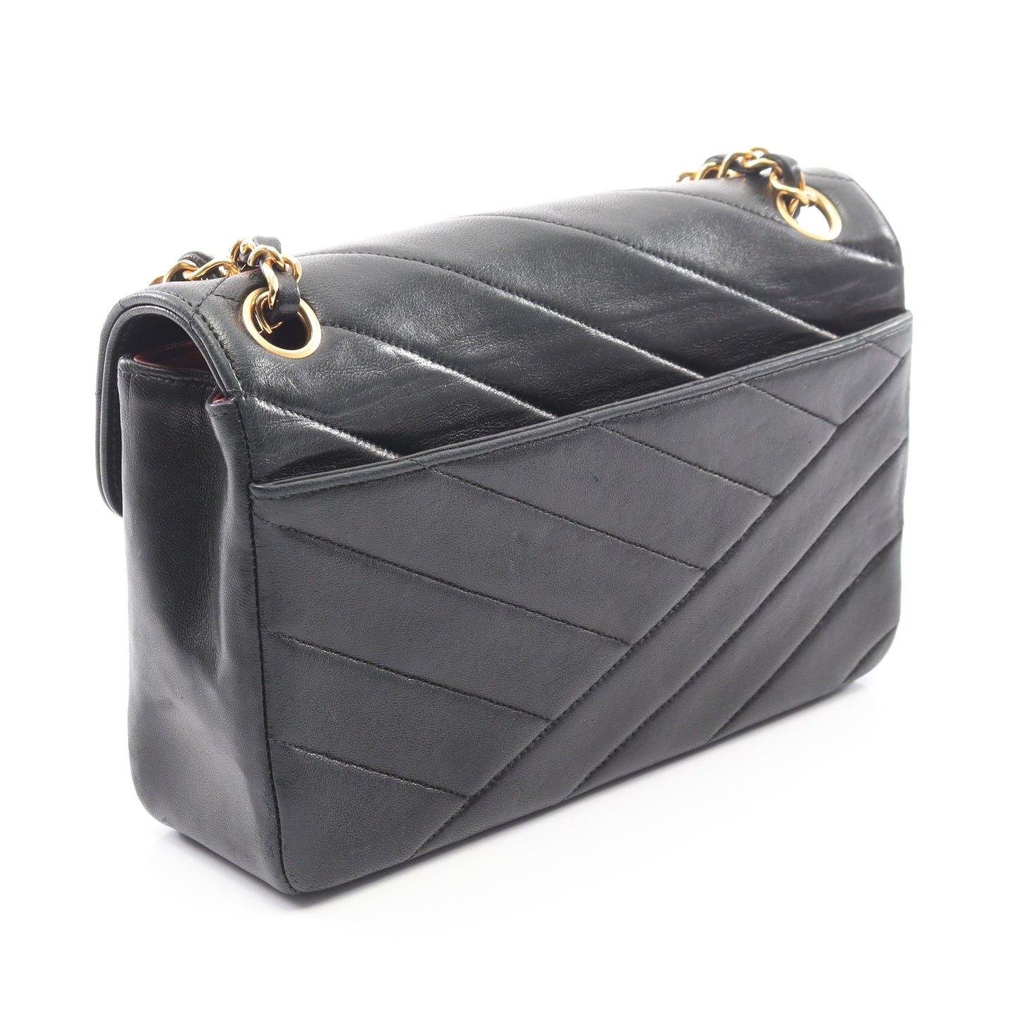 バイアスステッチ Wチェーンショルダーバッグ ラムスキン ブラック ゴールド金具 ヴィンテージ シャネル バッグ CHANEL