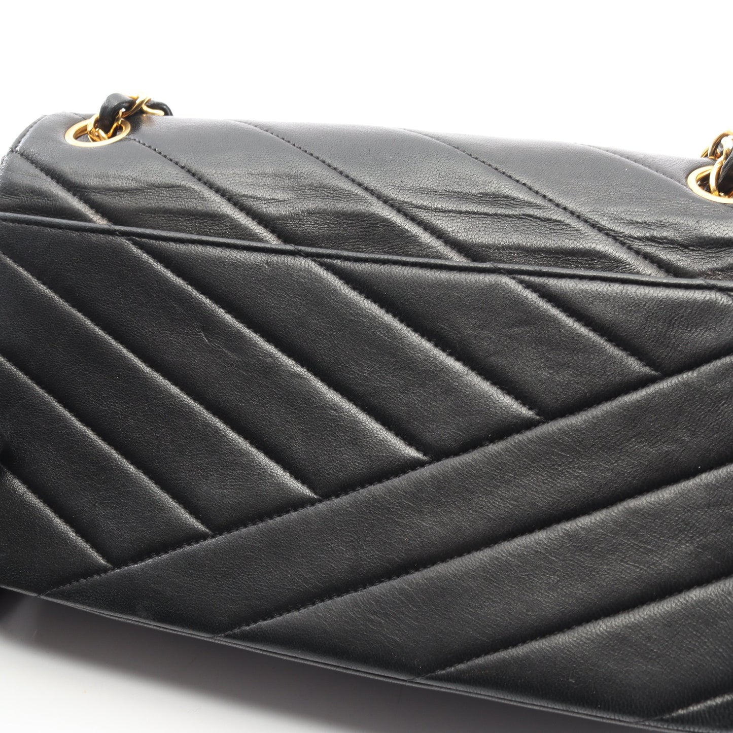 バイアスステッチ Wチェーンショルダーバッグ ラムスキン ブラック ゴールド金具 ヴィンテージ シャネル バッグ CHANEL