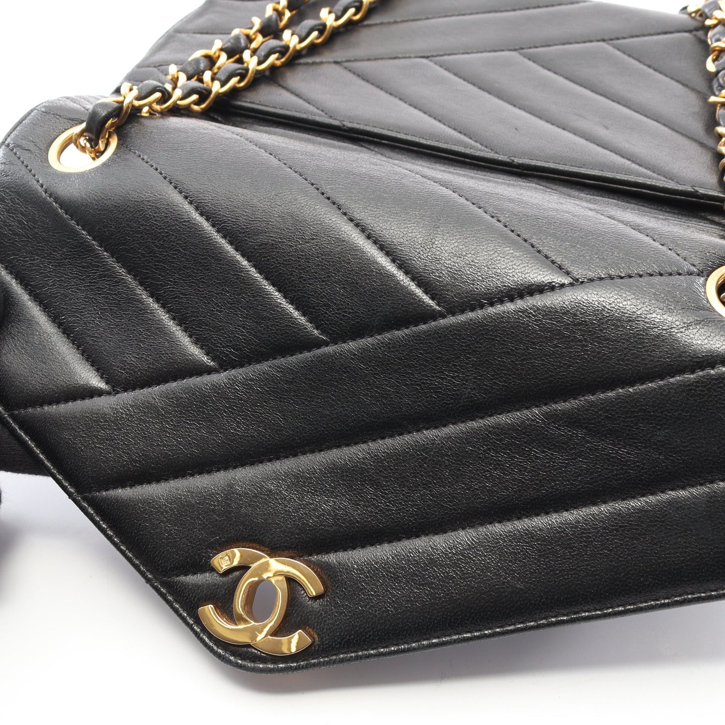 バイアスステッチ Wチェーンショルダーバッグ ラムスキン ブラック ゴールド金具 ヴィンテージ シャネル バッグ CHANEL