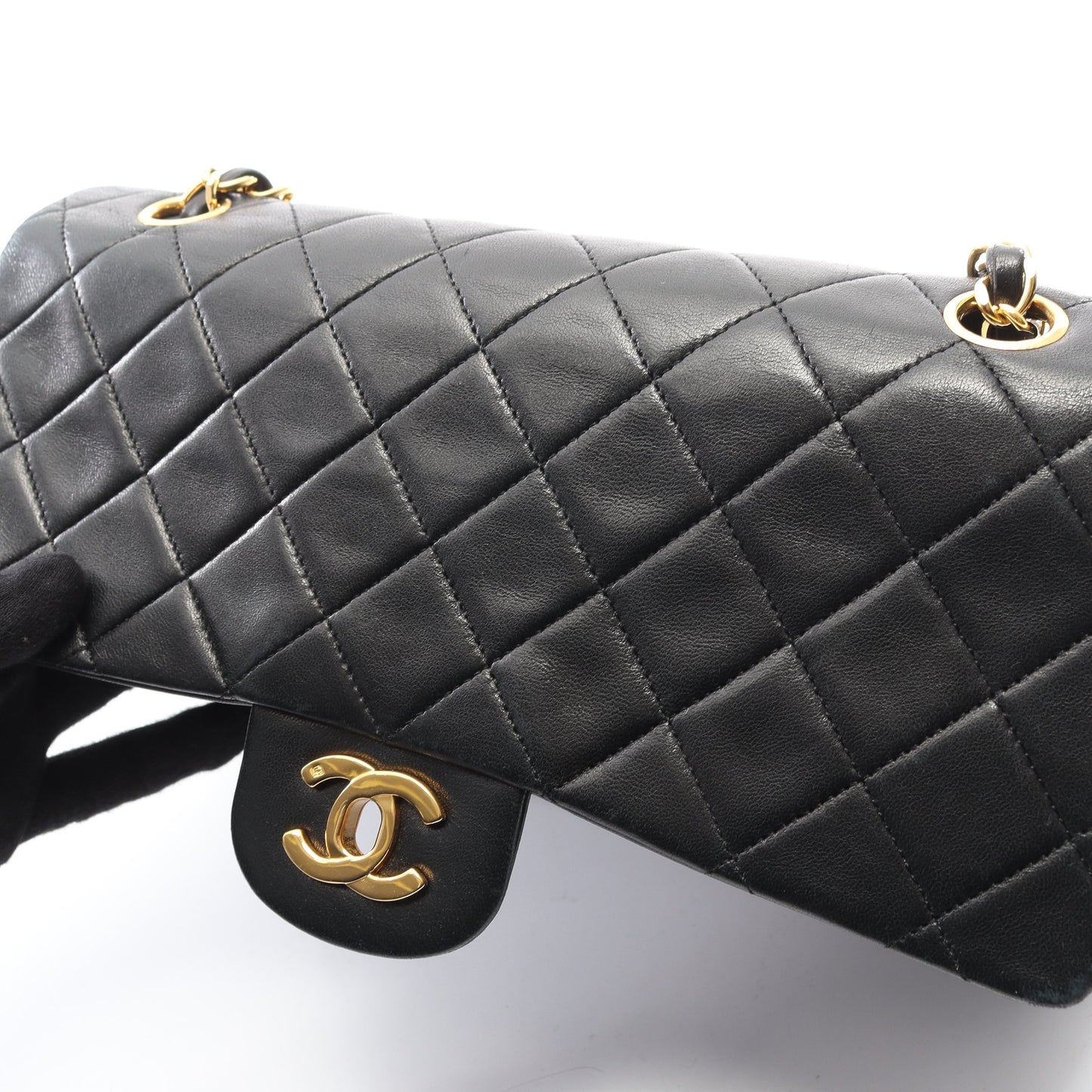 マトラッセ Wフラップ Wチェーンショルダーバッグ ラムスキン ブラック ゴールド金具 ヴィンテージ シャネル バッグ CHANEL