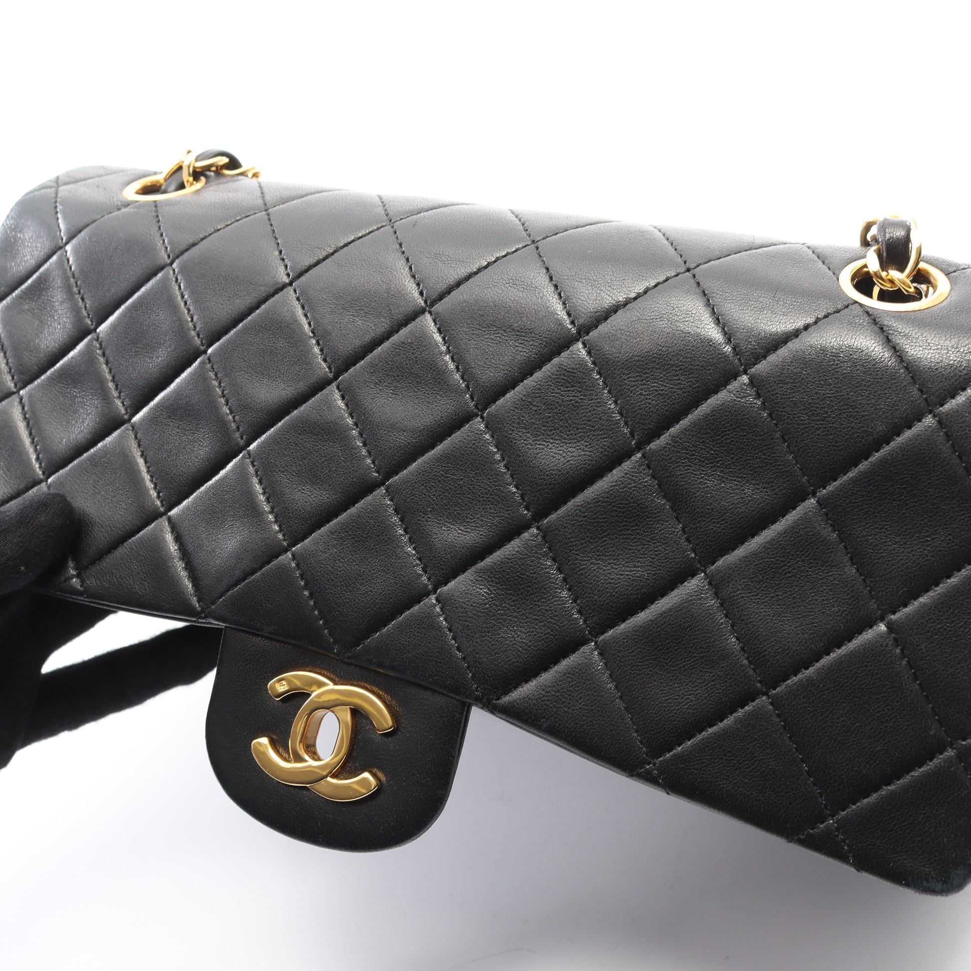 マトラッセ Wフラップ Wチェーンショルダーバッグ ラムスキン ブラック ゴールド金具 ヴィンテージ シャネル バッグ CHANEL