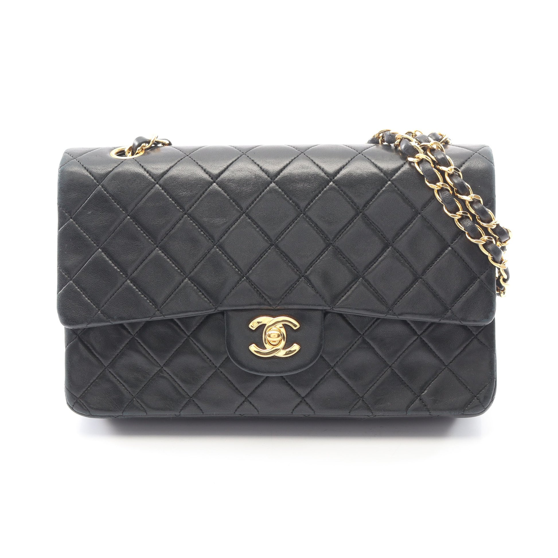 マトラッセ Wフラップ Wチェーンショルダーバッグ ラムスキン ブラック ゴールド金具 ヴィンテージ シャネル バッグ CHANEL