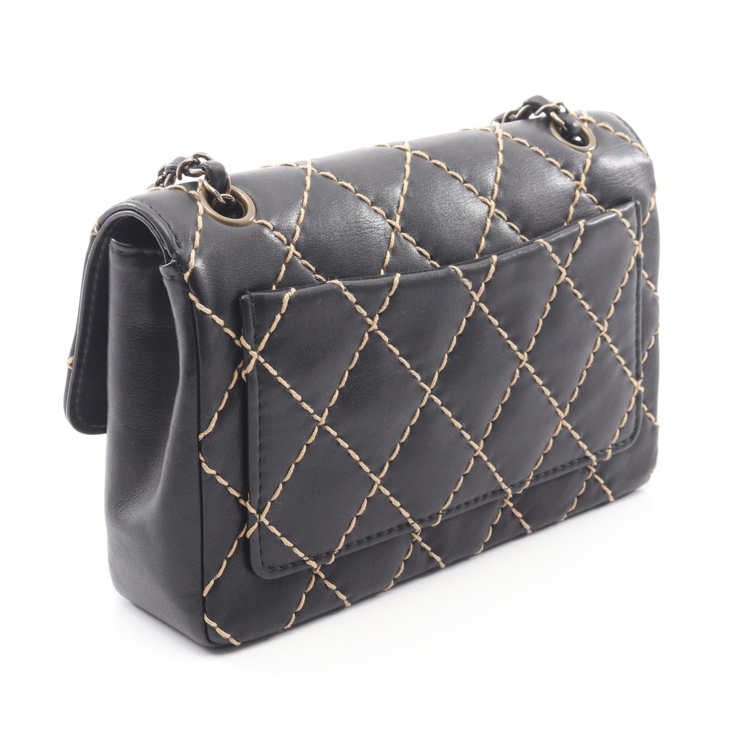 ワイルドステッチ Wチェーンショルダーバッグ レザー ブラック ゴールド金具 シャネル バッグ CHANEL