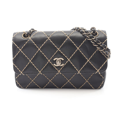 ワイルドステッチ Wチェーンショルダーバッグ レザー ブラック ゴールド金具 シャネル バッグ CHANEL