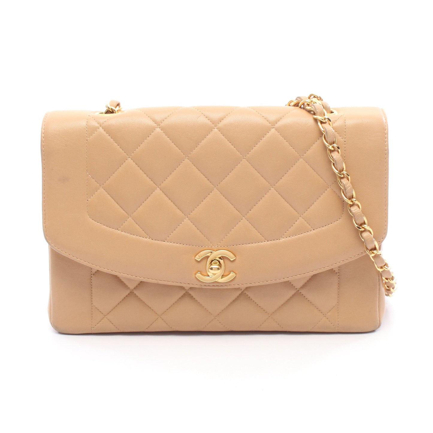 マトラッセ ダイアナフラップ チェーンショルダーバッグ ラムスキン ベージュ ゴールド金具 シャネル バッグ CHANEL