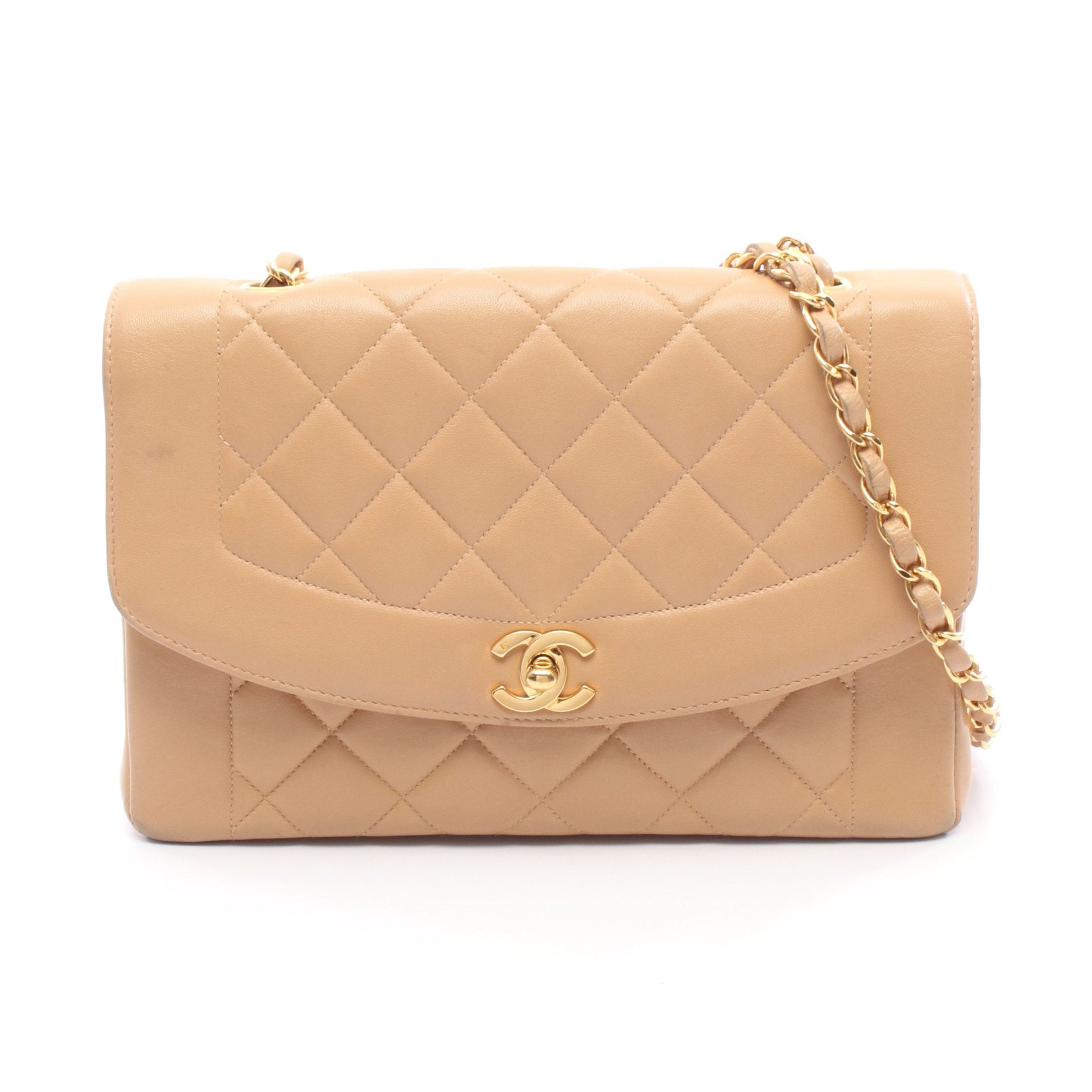 マトラッセ ダイアナフラップ チェーンショルダーバッグ ラムスキン ベージュ ゴールド金具 シャネル バッグ CHANEL