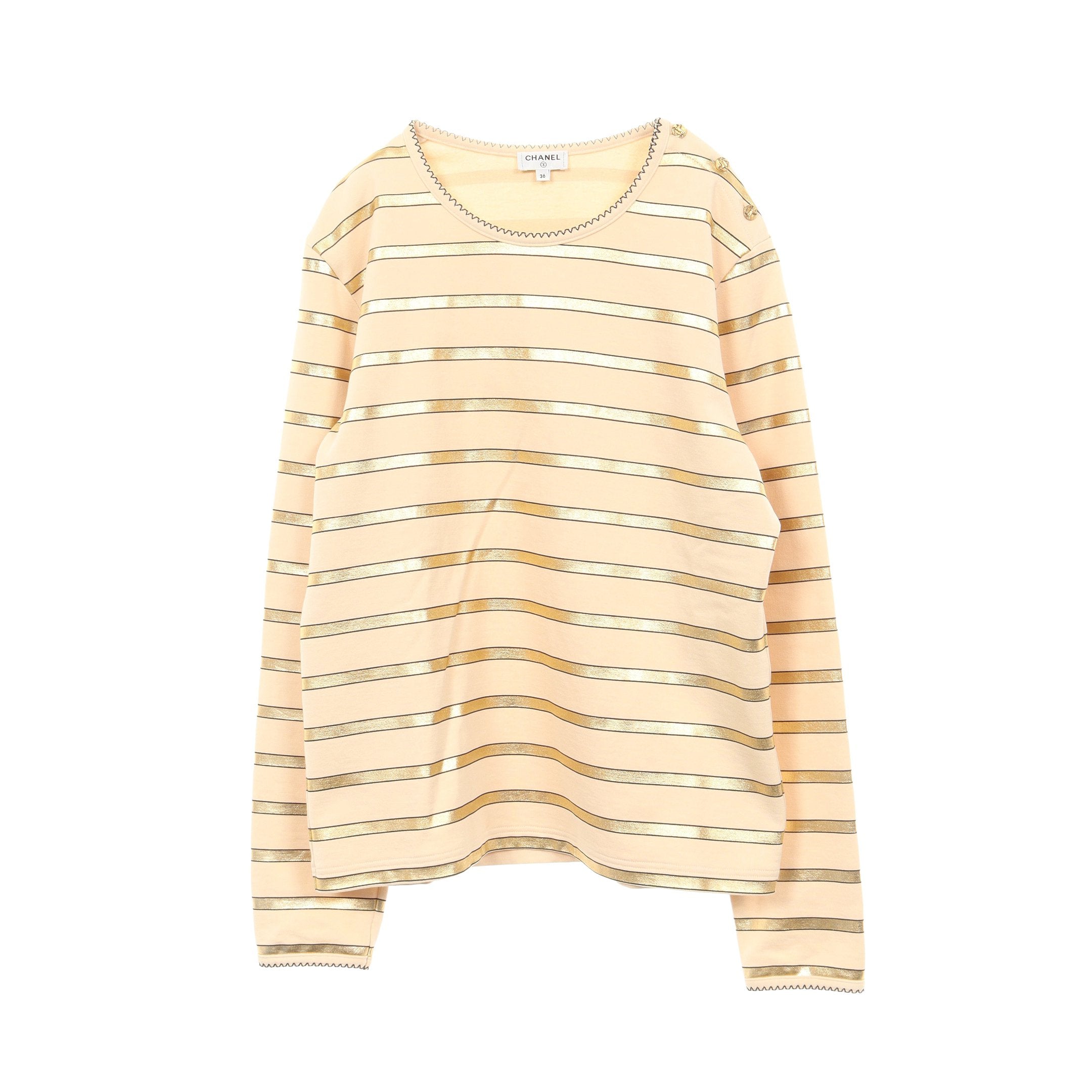 長袖Tシャツ クルーネック ボーダー コットン ベージュ ゴールド