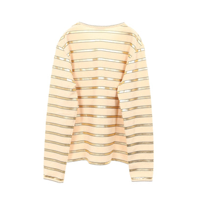 長袖Tシャツ クルーネック ボーダー コットン ベージュ ゴールド シャネル トップス CHANEL