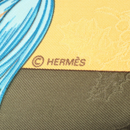 カレ90 Plumes et Grelots スカーフ シルク イエロー カーキグリーン マルチカラー エルメス 財布・小物 HERMES
