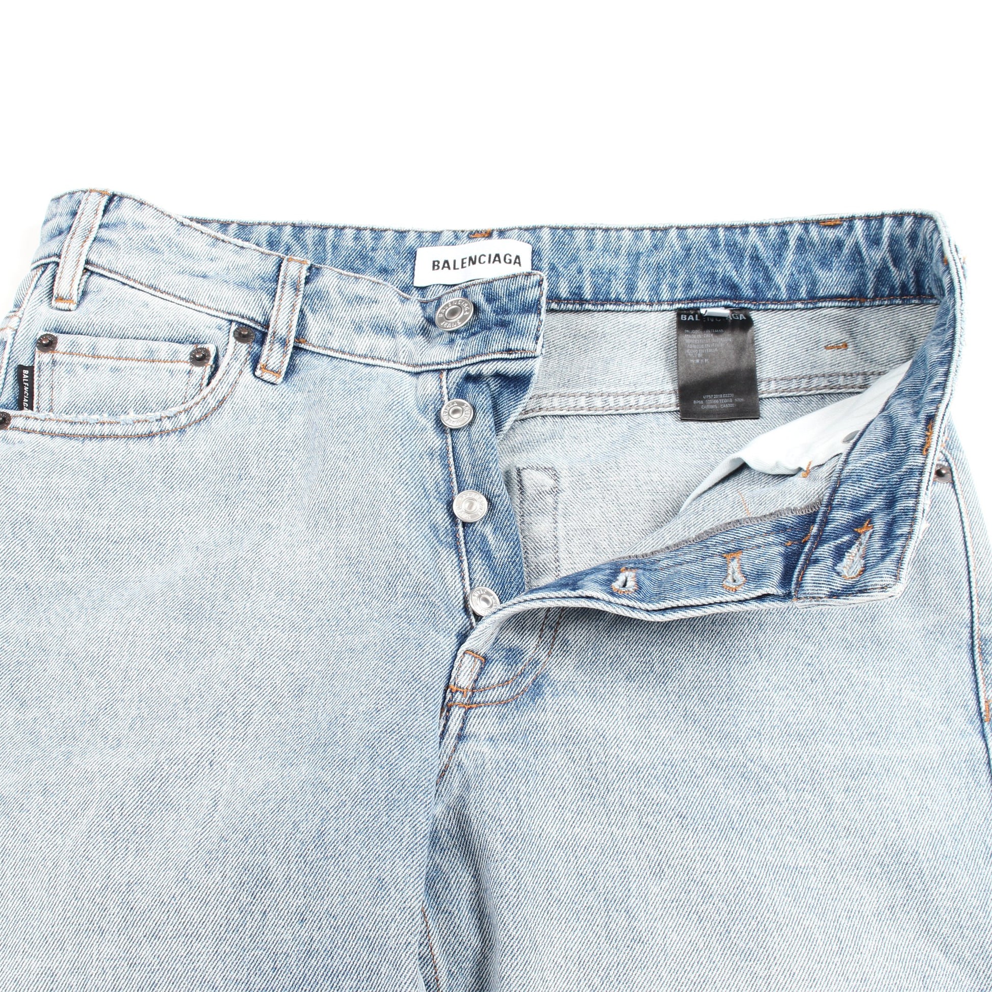 デニムパンツ コットン ブルーグレー ダメージ加工 ボタンフライ バレンシアガ ボトムス BALENCIAGA