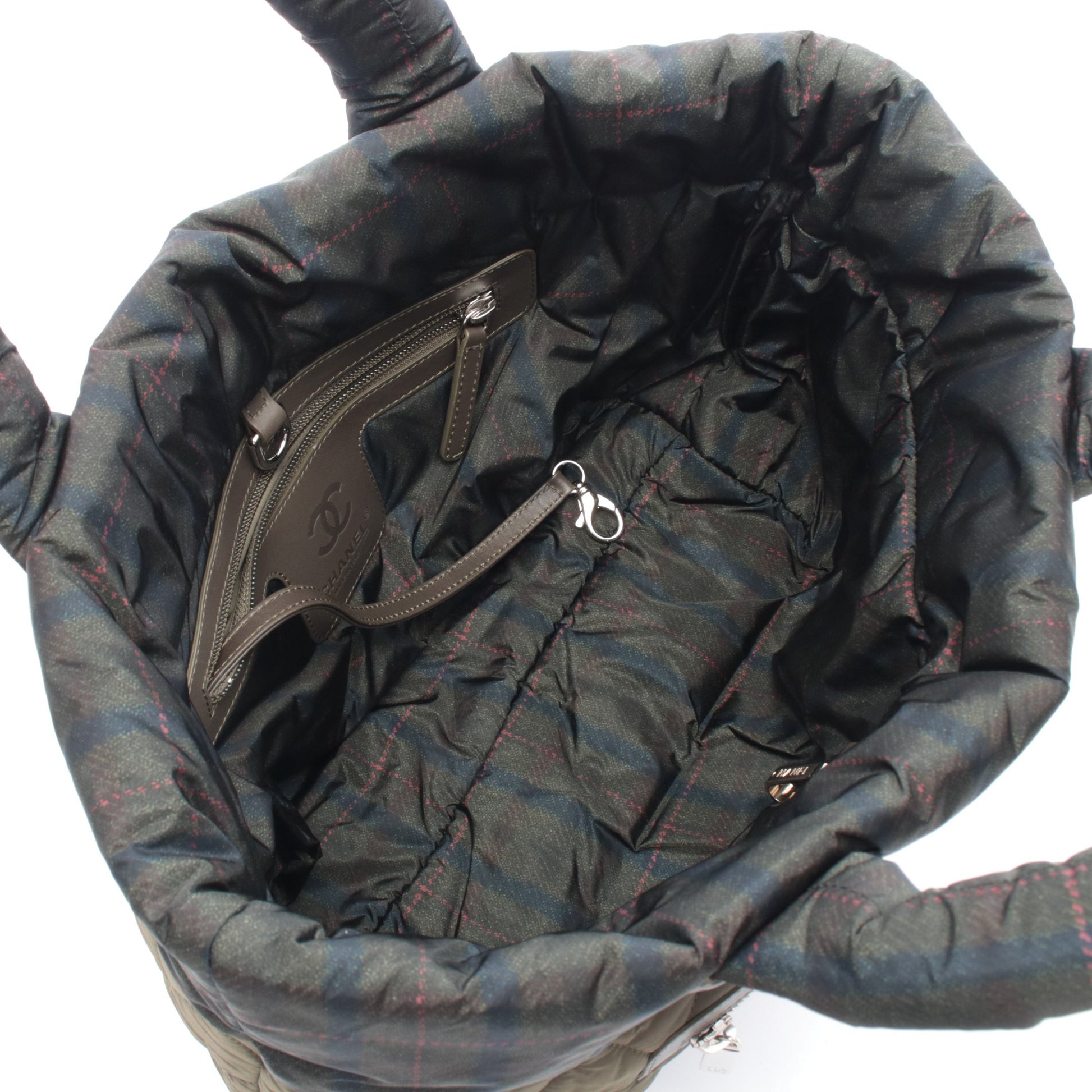 コココクーン スモール ハンドバッグ トートバッグ チェック ナイロン レザー カーキグリーン シルバー金具 リバーシブル シャネル バッグ CHANEL