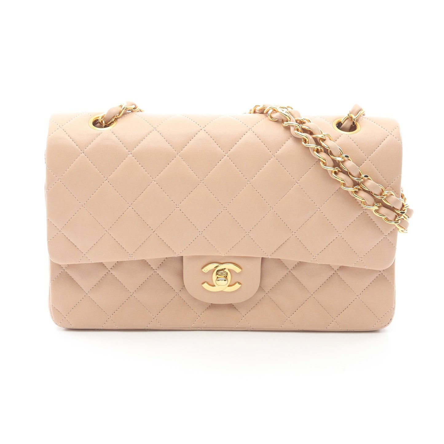 マトラッセ Wフラップ Wチェーンショルダーバッグ ラムスキン ベージュ ゴールド金具 シャネル バッグ CHANEL