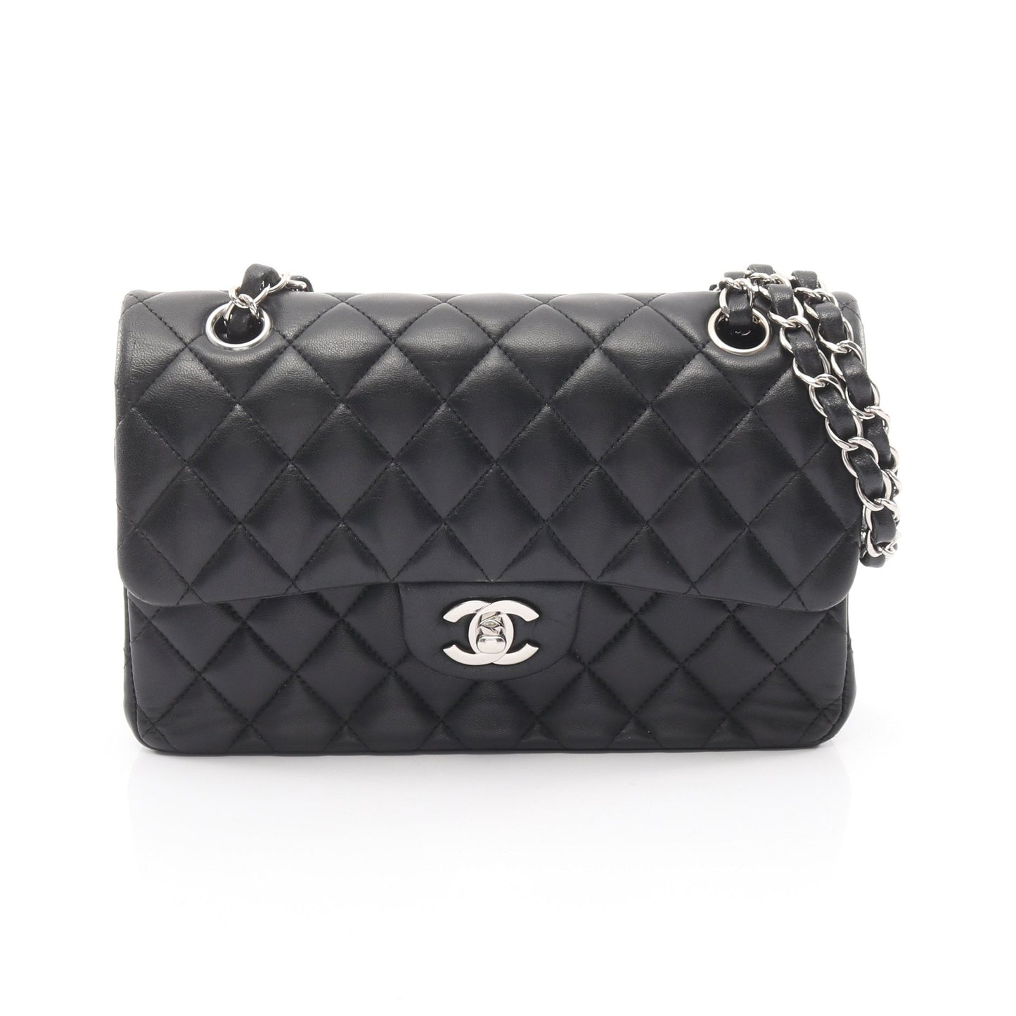マトラッセ Wフラップ Wチェーンショルダーバッグ ラムスキン ブラック シルバー金具 シャネル バッグ CHANEL