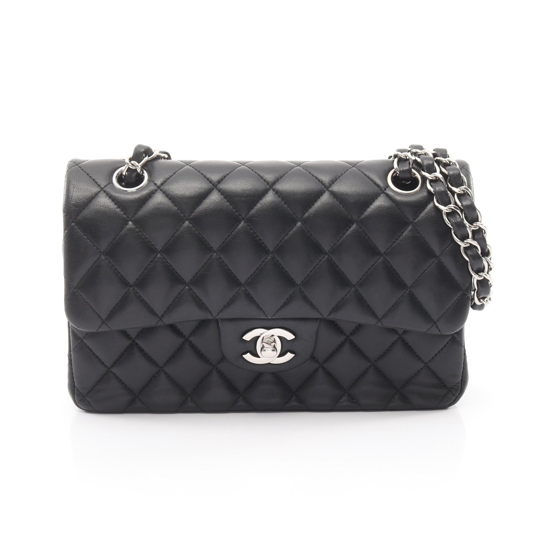 マトラッセ Wフラップ Wチェーンショルダーバッグ ラムスキン ブラック シルバー金具 シャネル バッグ CHANEL