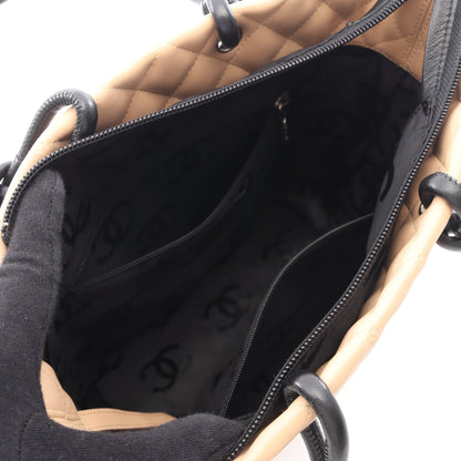 カンボンライン ミディアム ハンドバッグ トートバッグ レザー エナメルレザー ベージュ ブラック シルバー金具 シャネル バッグ CHANEL
