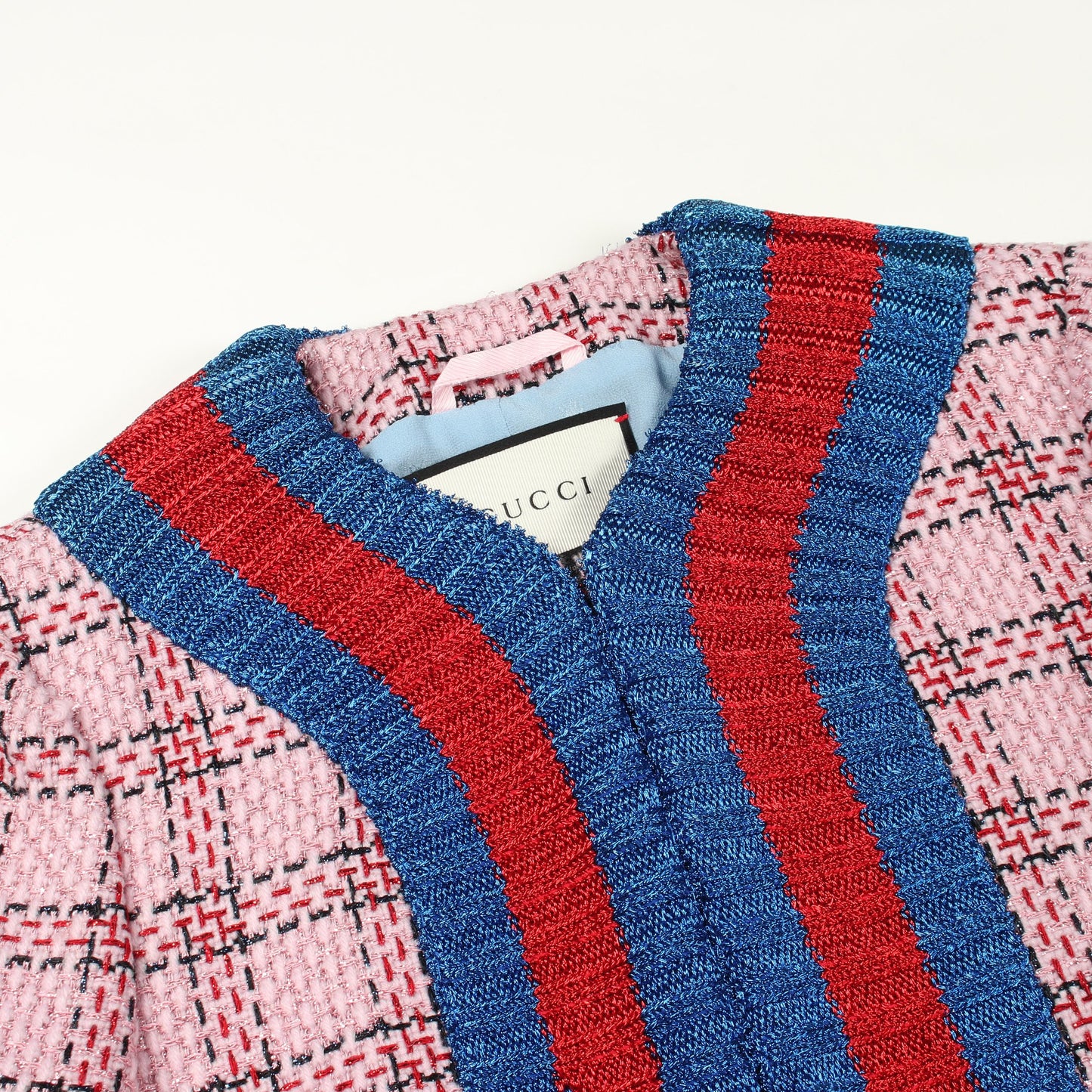 ツイード ノーカラージャケット レーヨン ナイロン ピンク レッド ブルー グッチ アウター GUCCI