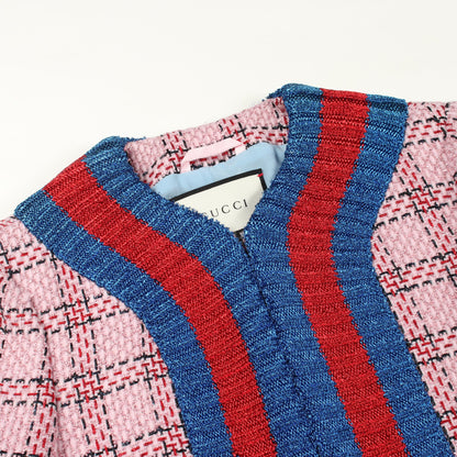 ツイード ノーカラージャケット レーヨン ナイロン ピンク レッド ブルー グッチ アウター GUCCI