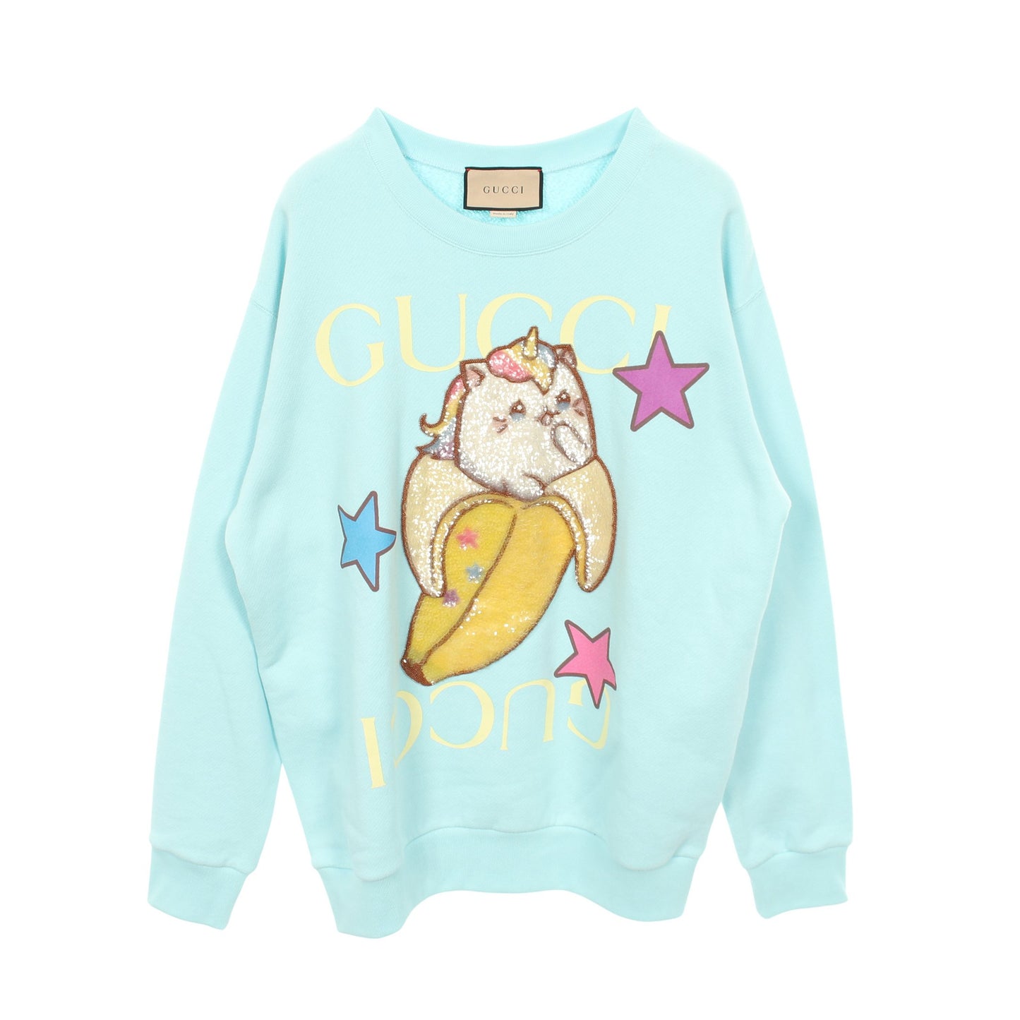 GUCCI × ばなにゃ スウェットシャツ クルーネック コットン ライトブルー マルチカラー スパンコール グッチ トップス GUCCI