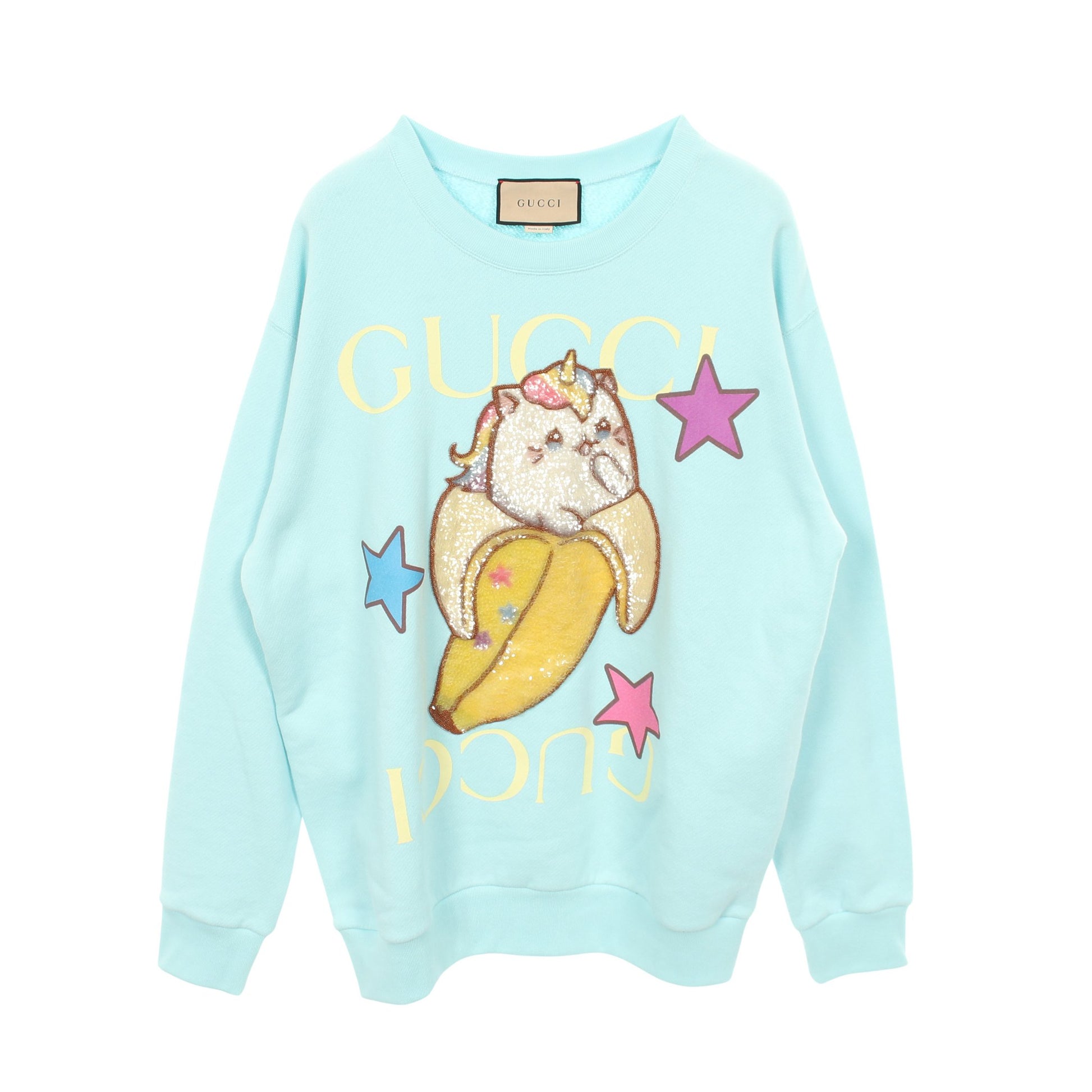 GUCCI × ばなにゃ スウェットシャツ クルーネック コットン ライトブルー マルチカラー スパンコール グッチ トップス GUCCI