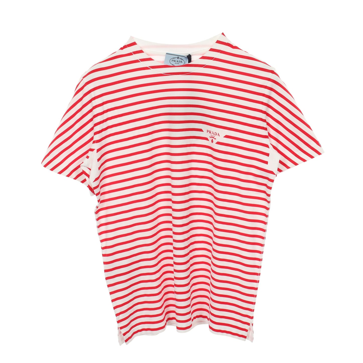 半袖Tシャツ クルーネック ロゴ ボーダー コットン ホワイト レッド プラダ トップス PRADA