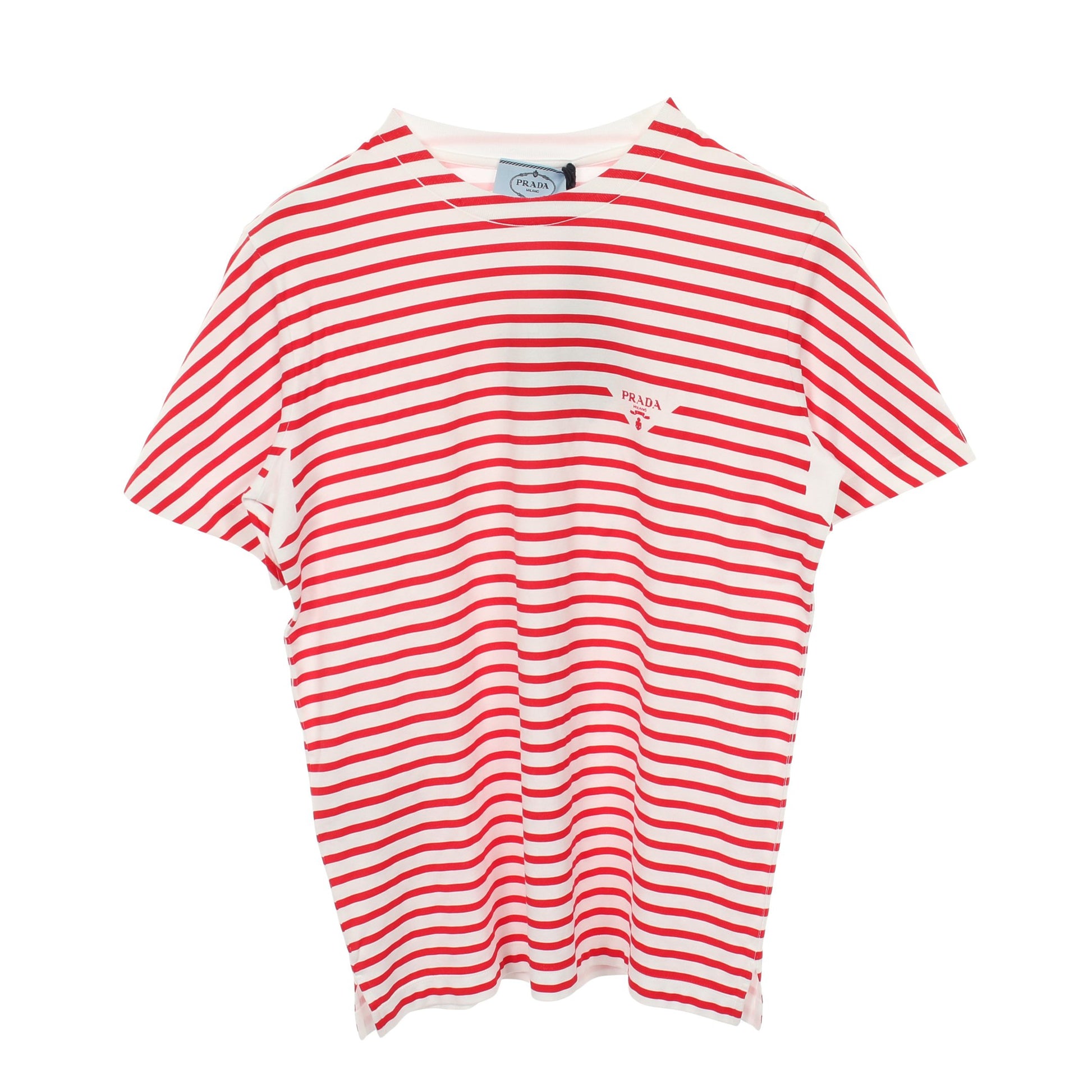 半袖Tシャツ クルーネック ロゴ ボーダー コットン ホワイト レッド プラダ トップス PRADA