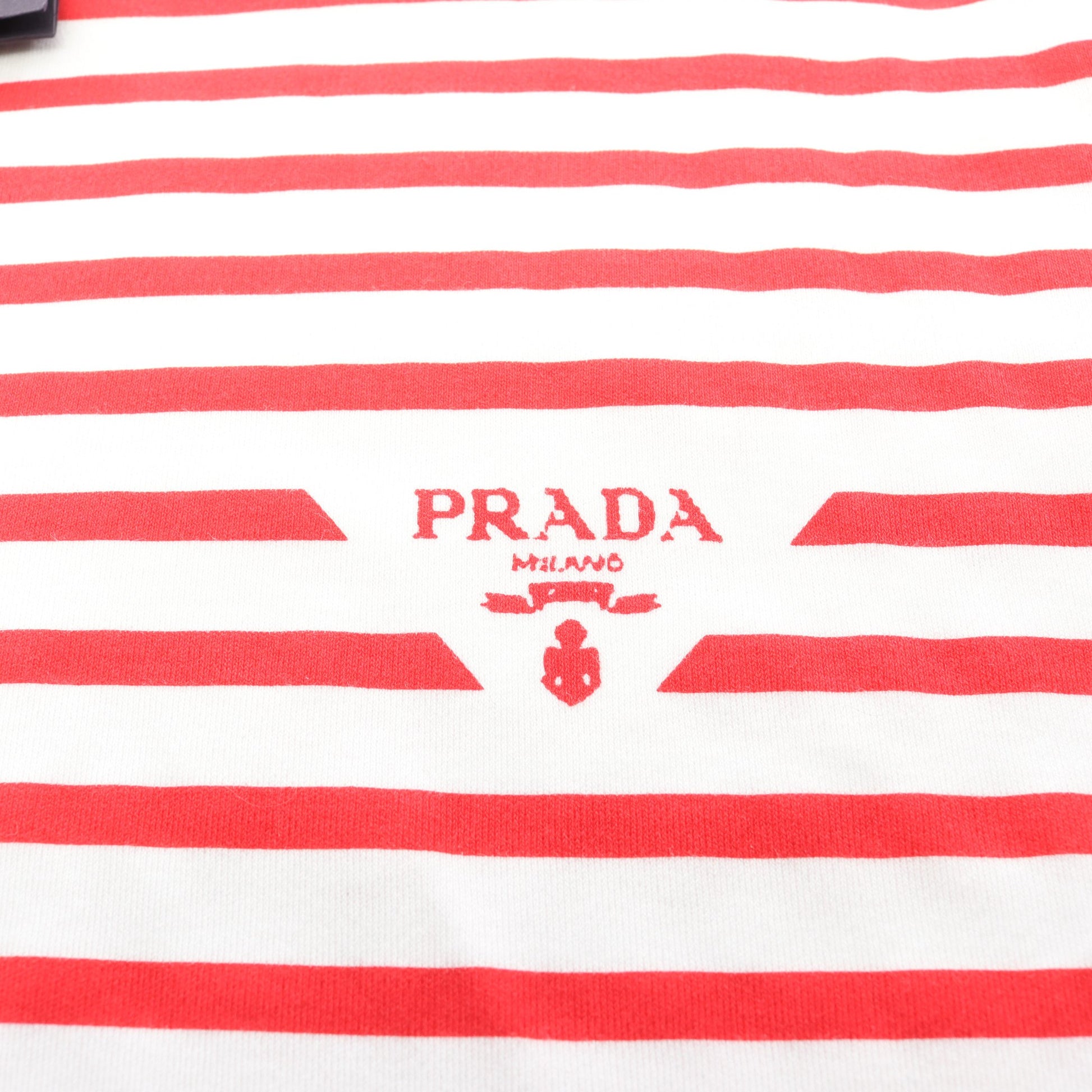 半袖Tシャツ クルーネック ロゴ ボーダー コットン ホワイト レッド プラダ トップス PRADA