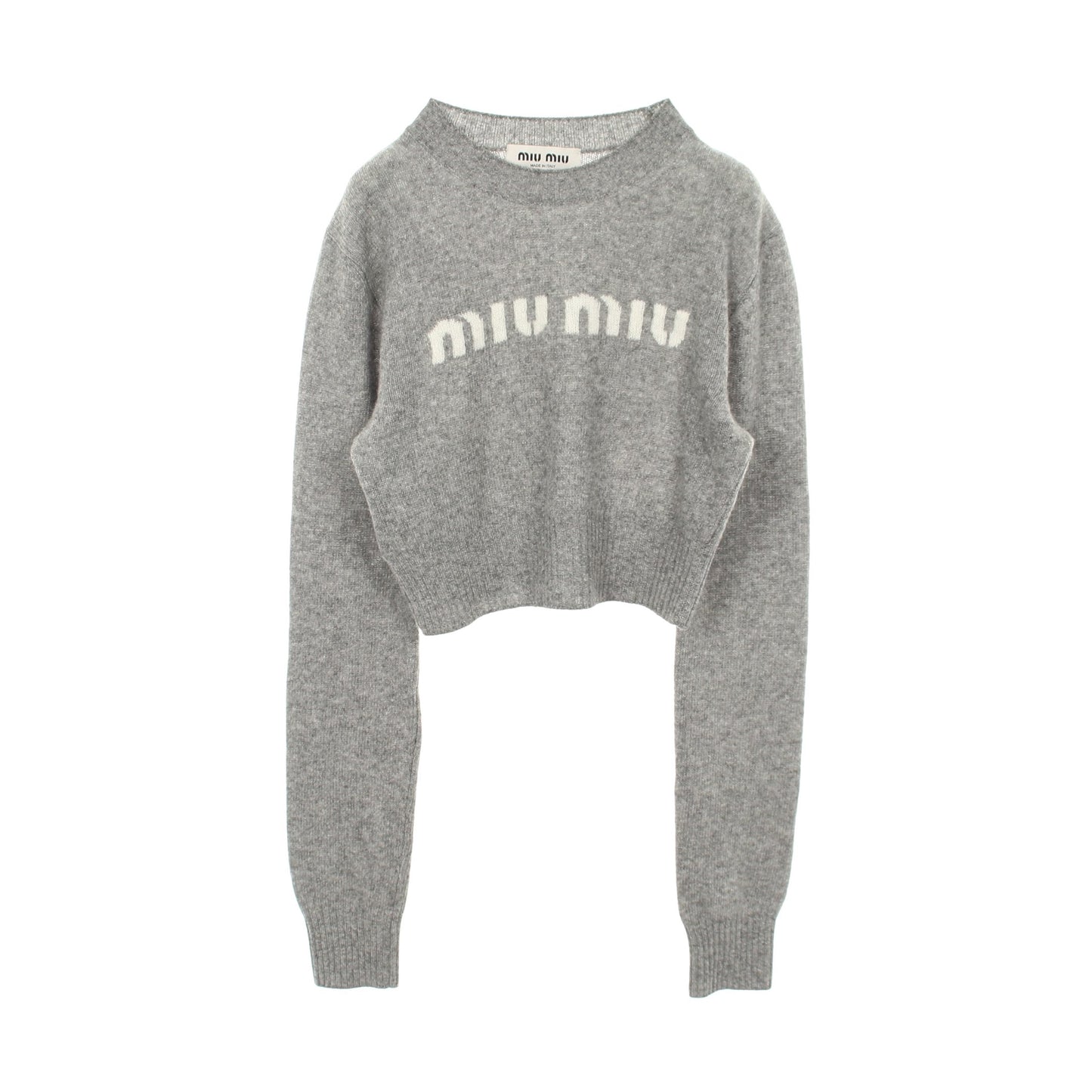 クロップド ニット クルーネック ロゴ ウール カシミヤ グレー ミュウミュウ トップス miu miu