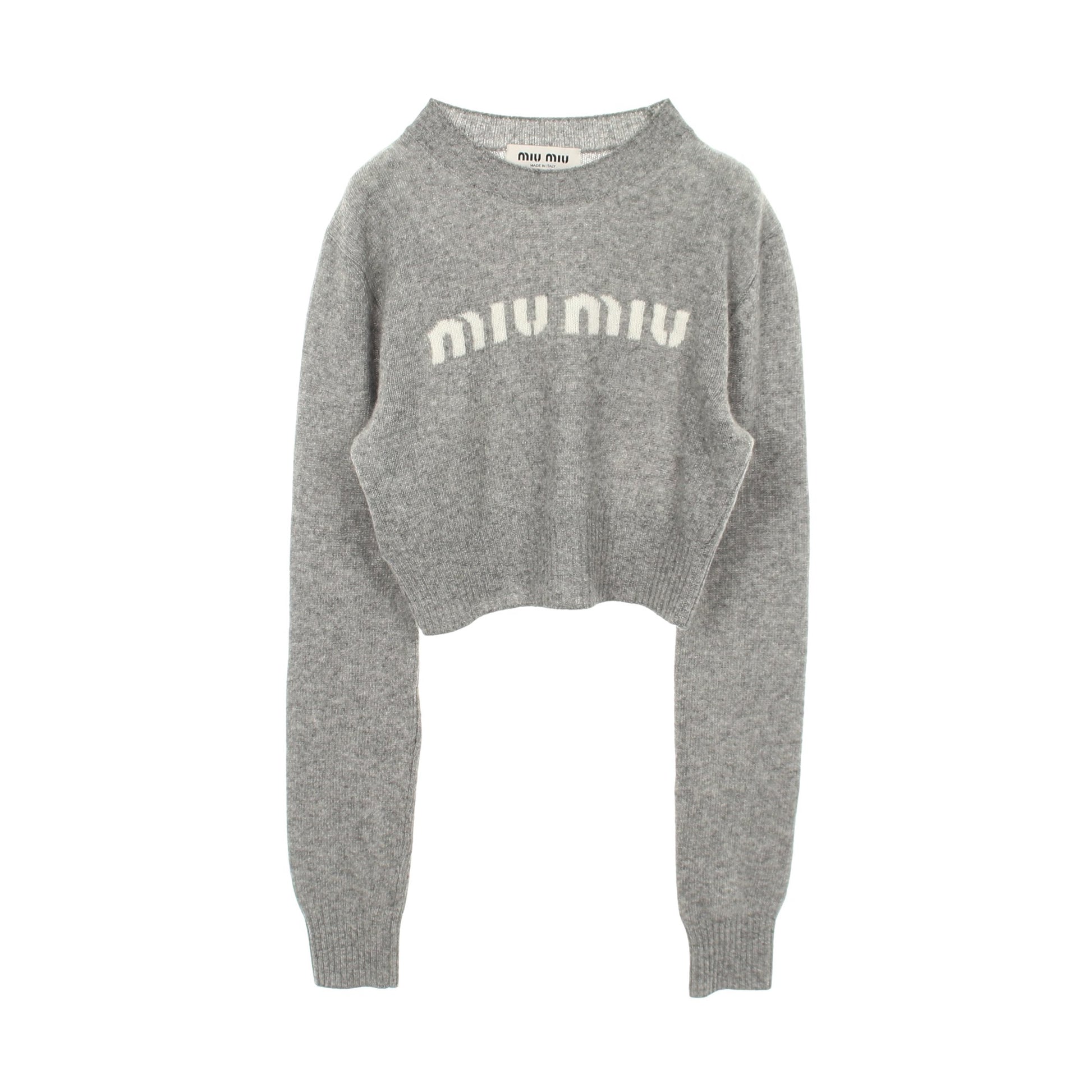 クロップド ニット クルーネック ロゴ ウール カシミヤ グレー ミュウミュウ トップス miu miu