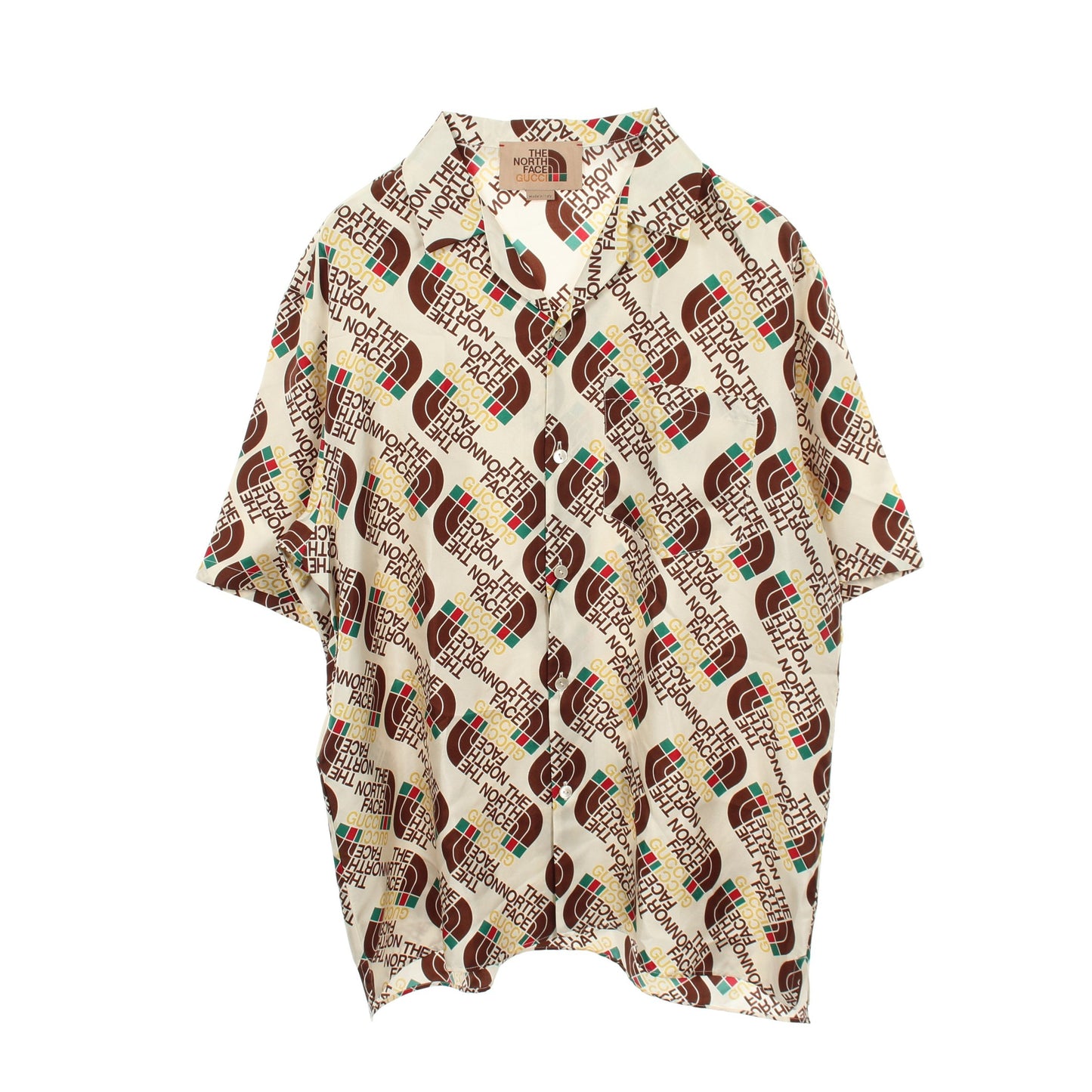 GUCCI × THE NORTH FACE シャツ オープンカラー 半袖 ロゴ総柄 シルク アイボリー ブラウン グッチ トップス GUCCI