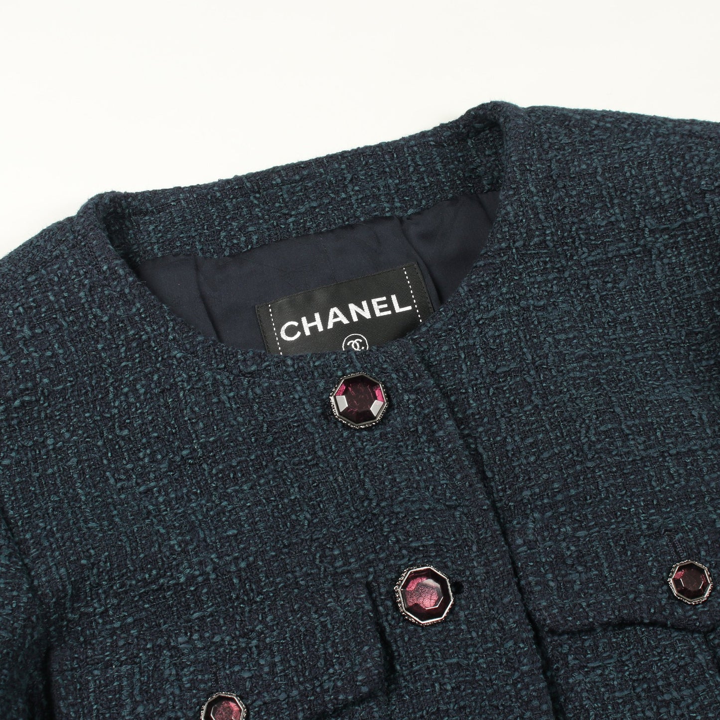 ツイード ノーカラージャケット コットン ネイビー シャネル アウター CHANEL