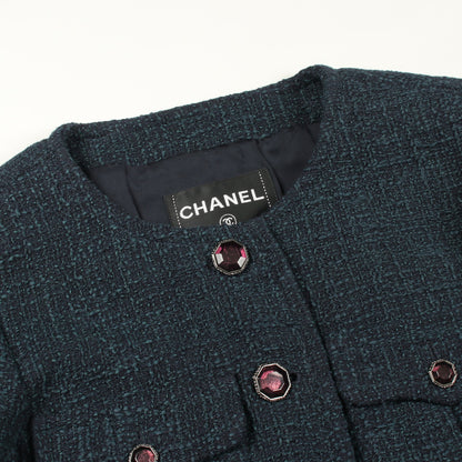 ツイード ノーカラージャケット コットン ネイビー シャネル アウター CHANEL