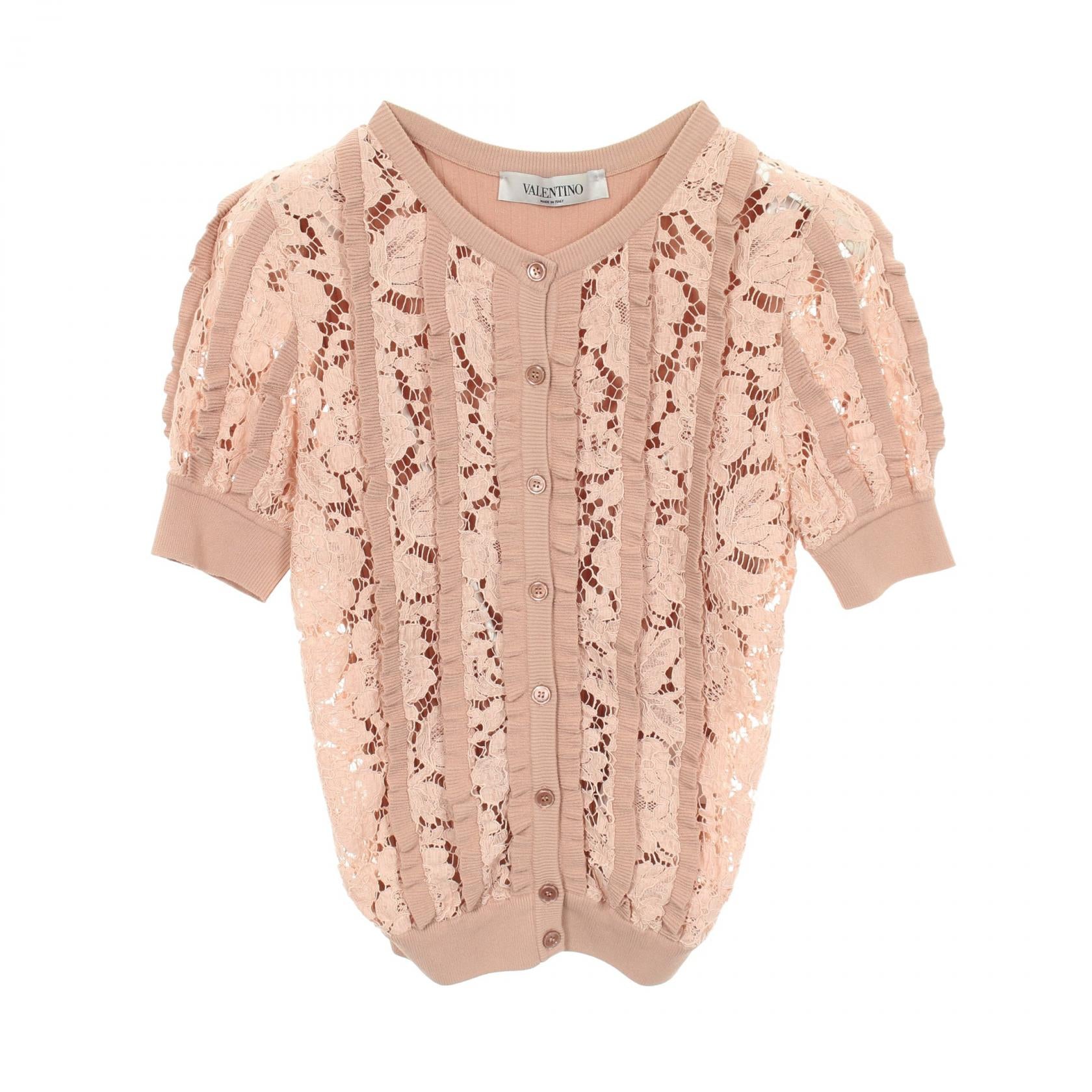 カーディガン 半袖 レーヨン ピンクベージュ レース切替 ヴァレンティノ トップス VALENTINO