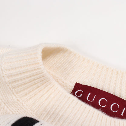 インターシャ ウール トップ ニット クルーネック ウール オフホワイト ブラック グッチ トップス GUCCI